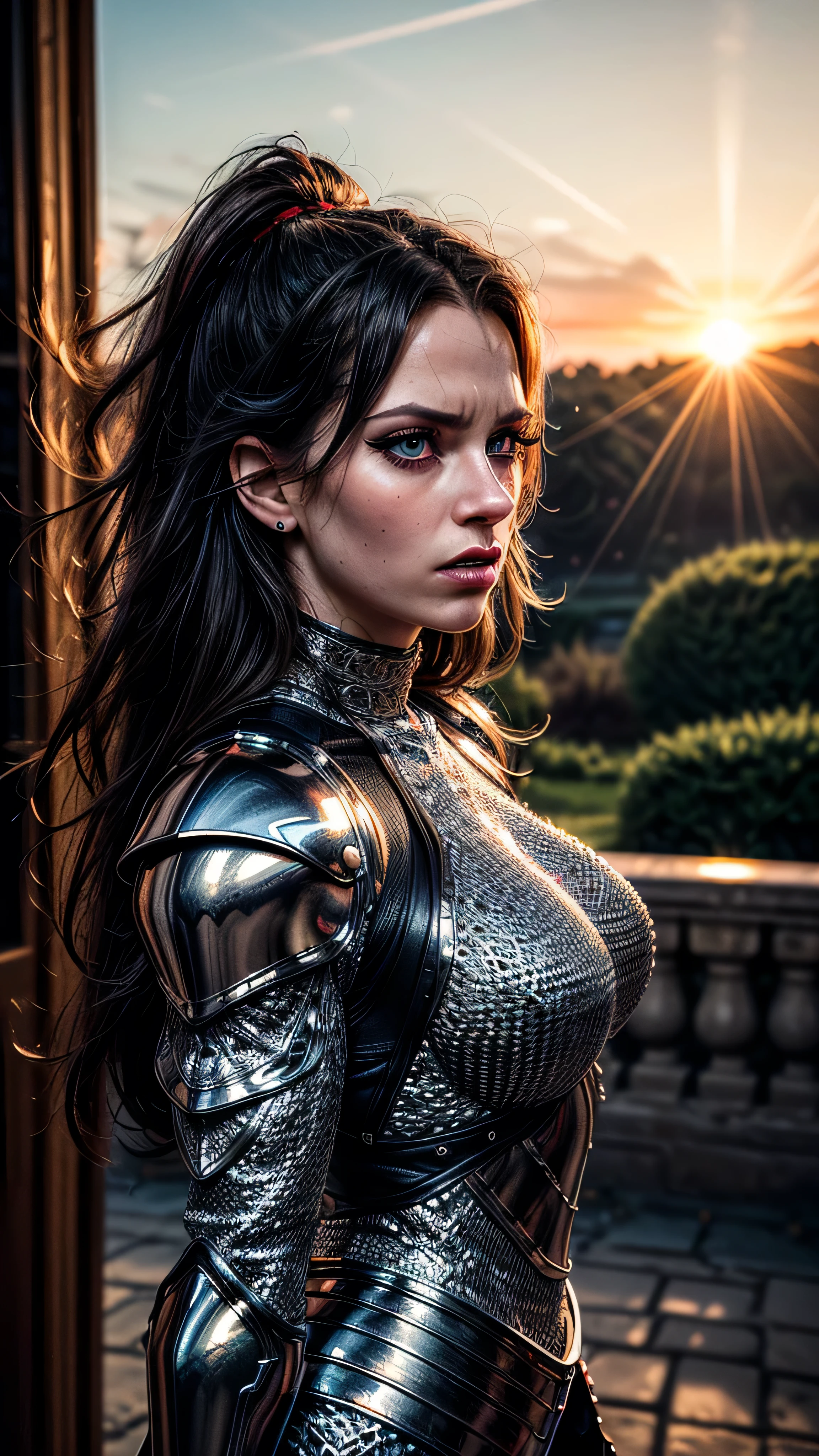 (masterpiece, photorealistic:1.4, extremely intricate:1.3), (photon mapping, radiosity, physically based rendering, ultra resolution, hyper-realistic, photorealistic:1.4, hyper-realistic, 8K), portrait of a muscular girl, ((Sumptuous armor from the late Renaissance, platinum perfectchainmail armor:0.8, (long eyelashes), glowing red demon eyes, humid, humid, angry)), metal reflections, upper body, portrait, outdoors, intense sunlight, far away castle, professional photograph of a stunning woman, (long straight black hair, blowing, dynamic pose), sharp focus, dramatic, award winning, cinematic lighting, (film grain, bokeh, interaction, sunrise)
