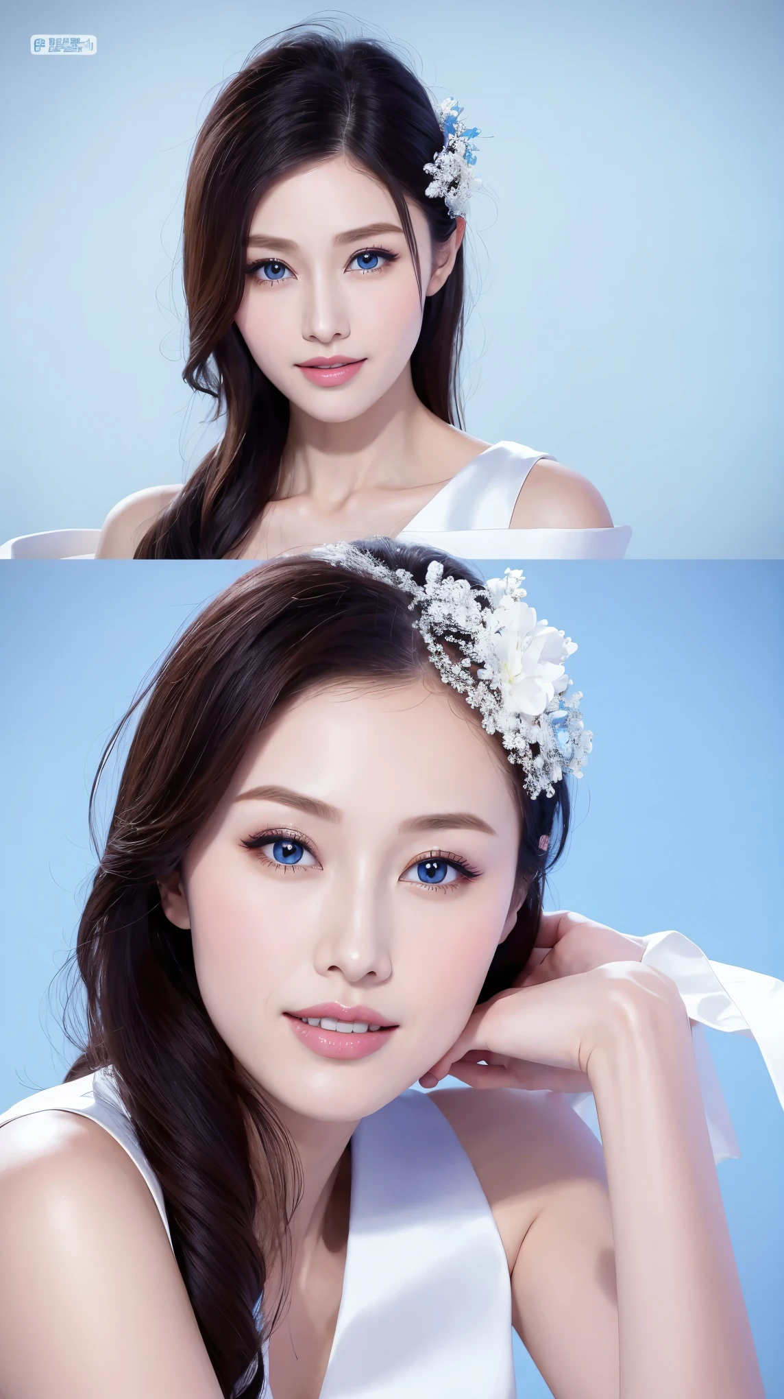 Fashion model 25 years old [[[[close up]]]], [[[[neck]]]], [[[[Shoulder]]]], Perfect eyes, Perfect iris，Perfect lips，Perfect Teeth，Perfect skin，White skin，Soft headlights，High-density imaging，((Various postures))，((Full body image))（The face is clear and delicate），((White formal wear))，((Smile))，((Blue screen background))，best quality，masterpiece，（Soft colors：1.2)