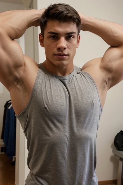 Muscular hot teen with big pecs wearing a tight shirt and flexing