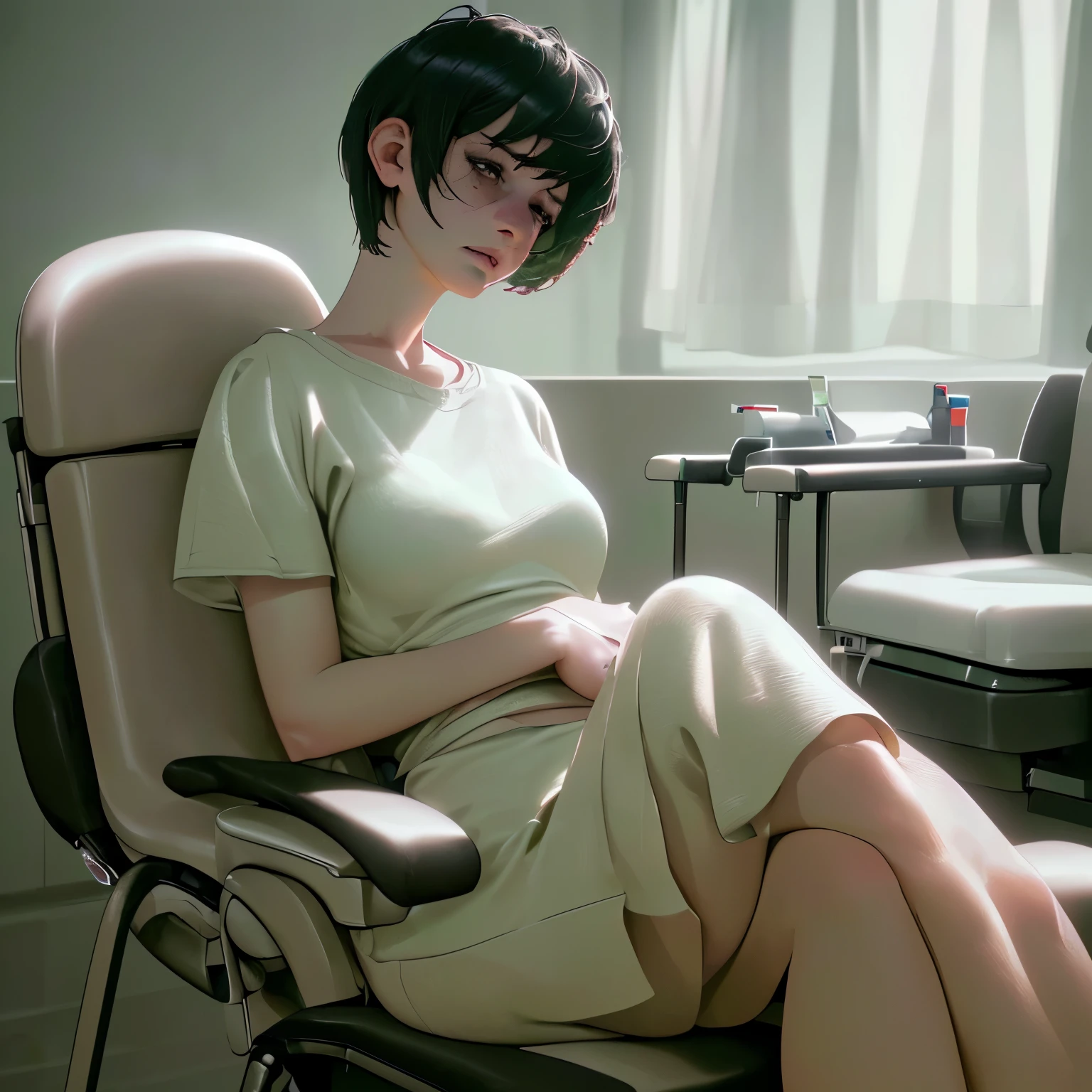 a woman with short hair sitting on a chair in a hospital waiting room, holding her stomach in pain, waiting for a medical consultation, (best quality,4k,8k,highres,masterpiece:1.2),ultra-detailed,(realistic,photorealistic,photo-realistic:1.37),hospital interior, medical equipment, warm lighting, detailed facial features, worried expression, modern furniture