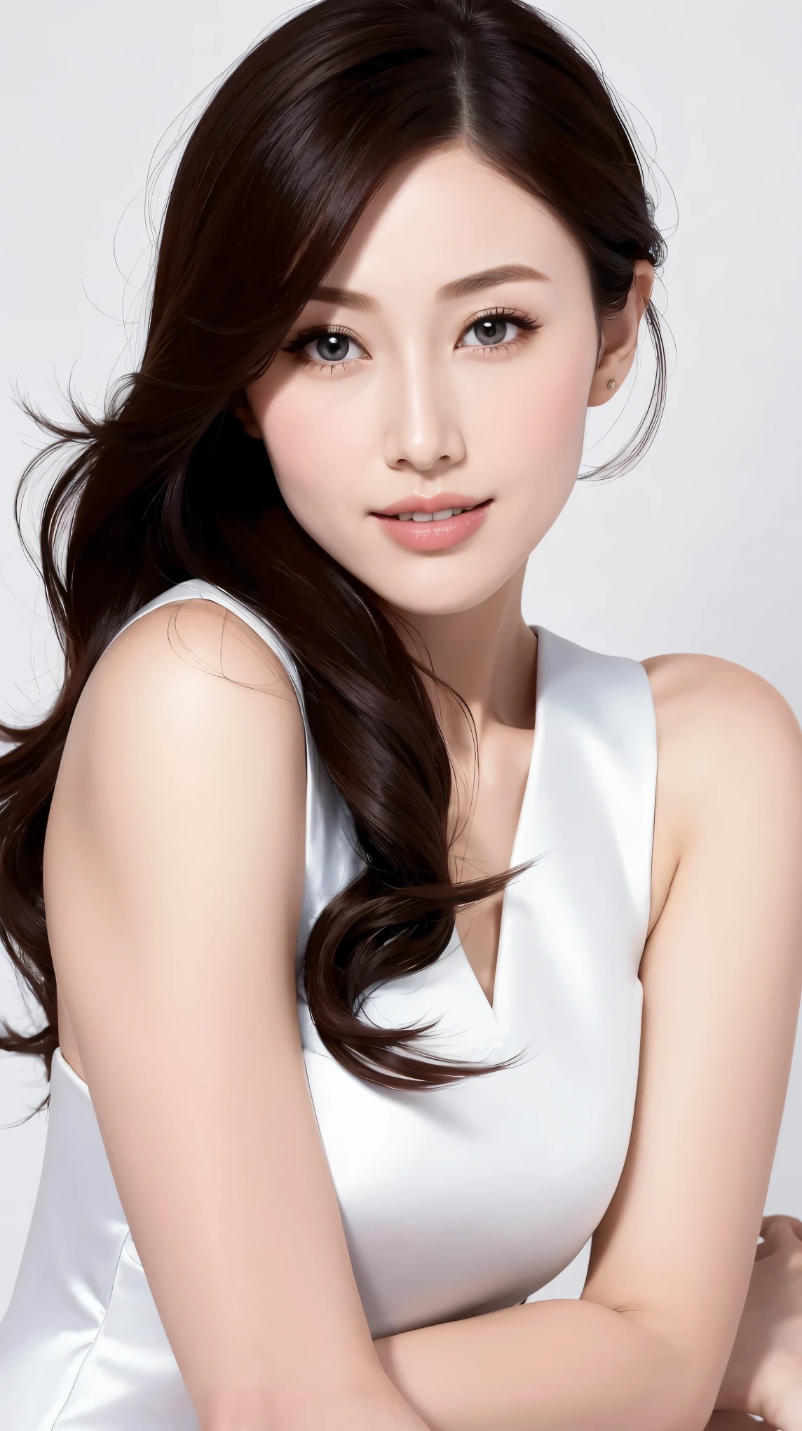Fashion model 25 years old [[[[close up]]]], [[[[neck]]]], [[[[Shoulder]]]], Perfect eyes, Perfect iris，Perfect lips，Perfect Teeth，Perfect skin，White skin，Soft headlights，High-density imaging，((Various postures))，((Full body image))（The face is clear and delicate），((White formal wear))，((Smile))，((White background))，best quality，masterpiece，（Soft colors：1.2)