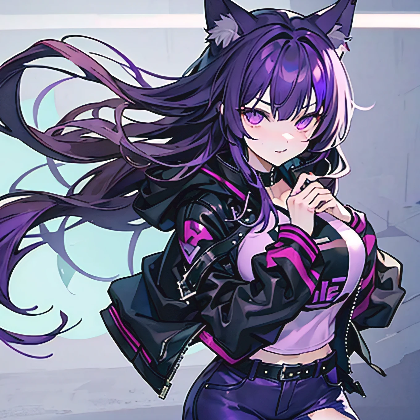 dark purple hair, long hair, purple wolf ears, purple wolf tail,I-CUP(super_huge_chest),purple eyes, cute face, girl , Black leather jacket, short jeans 