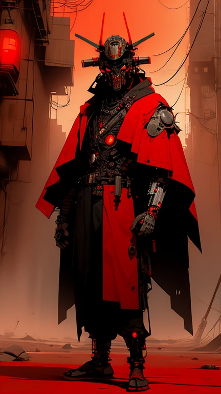 derpd, lethal cyborg samurai wearing robes armor, danger, red sky,post apocalypse ,cyberpunk