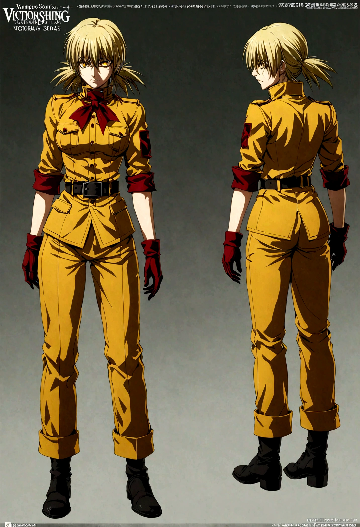 (masterpiece, top quality, best quality, official art, beautiful and aesthetic:1.2), (1girl), extreme detailed,(Victoria Seras, blond short hair, short back twintails, yellow eyes, Hellsing anime, Vampire, Hellsing uniform, yellow military uniform, jumpsuit, skirt, wide Rolled up sleeves, Chevron, black belt),colorful,highest detailed,((full body))