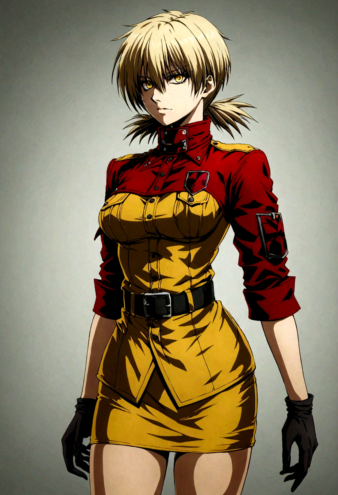 (masterpiece, top quality, best quality, official art, beautiful and aesthetic:1.2), (1girl), extreme detailed,(Victoria Seras, blond short hair, short back twintails, yellow eyes, Hellsing anime, Vampire, Hellsing uniform, yellow military uniform, jumpsuit, skirt, wide Rolled up sleeves, Chevron, black belt),colorful,highest detailed,((full body))