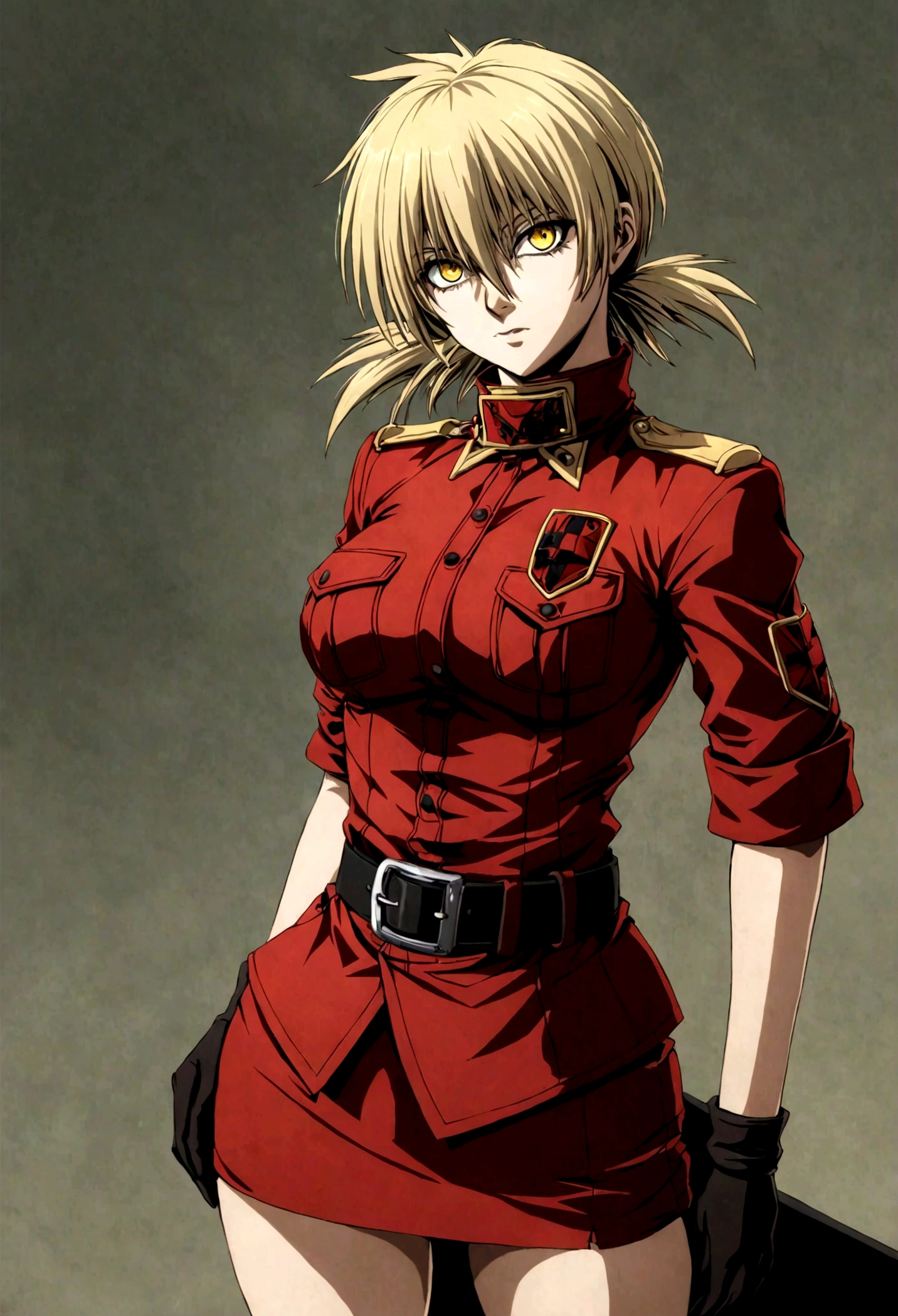 (masterpiece, top quality, best quality, official art, beautiful and aesthetic:1.2), (1girl), extreme detailed,(Victoria Seras, blond short hair, short back twintails, yellow eyes, Hellsing anime, Vampire, Hellsing uniform, yellow military uniform, jumpsuit, skirt, wide Rolled up sleeves, Chevron, black belt),colorful,highest detailed,((full body))