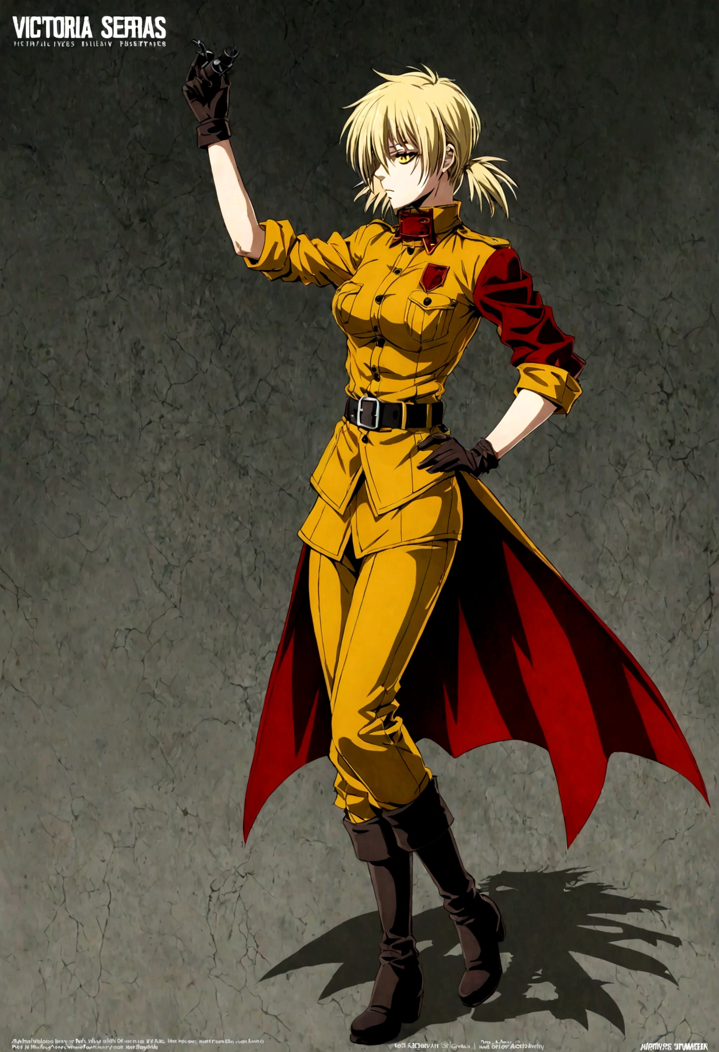 (masterpiece, top quality, best quality, official art, beautiful and aesthetic:1.2), (1girl), extreme detailed,(Victoria Seras, blond short hair, short back twintails, yellow eyes, Hellsing anime, Vampire, Hellsing uniform, yellow military uniform, jumpsuit, skirt, wide Rolled up sleeves, Chevron, black belt),colorful,highest detailed,((full body))