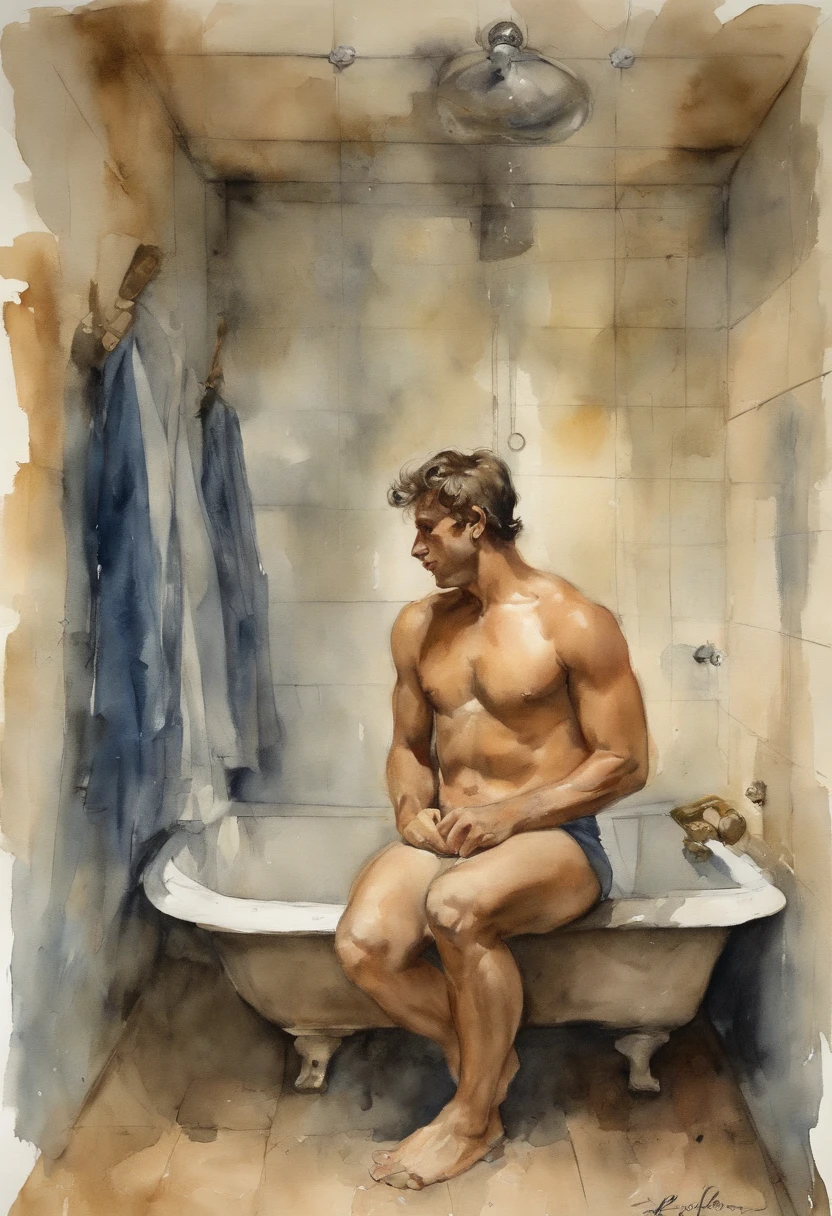 contorno, Estudo da figura masculina de 20 anos, Joven atleta musculoso, standing, corpo robusto completo, completamente nu, totalmente , , Resignation, Au natural, Cubra a virilha com uma toalha branca, apenas traseira, Crowded gym shower with water jets and men showering in the background, Bolos, Por Harry Bush, James Montgomery Flagg e Lois van Baarle e Jim French e RossDrew, Olhos realistas detalhados, large bare feet, large lump in the groin, muito bonito, lindo. Asas de anjo angelical. Aquarela tinta manchada e pingos de tinta