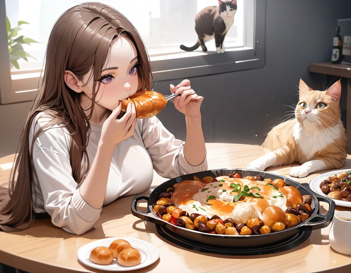 the best,On the table,Ultra-high quality,Realist,girl and cat,(beautiful face 1.4),(Lots of delicious food on the table),(( Beautiful woman eating food)),Solitary,breast,Realist,Silky long hair,(brown hair),