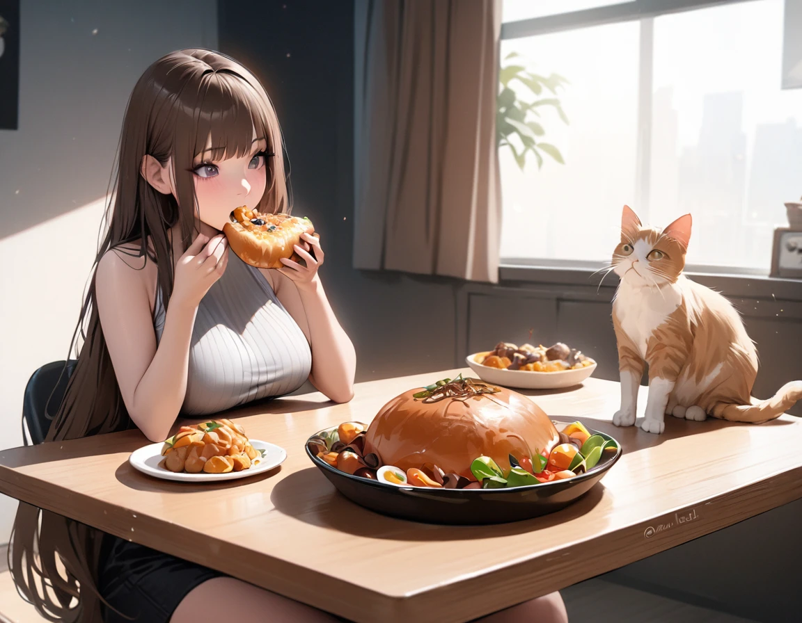 the best,On the table,Ultra-high quality,Realist,girl and cat,(beautiful face 1.4),(Lots of delicious food on the table),(( Beautiful woman eating food)),Solitary,breast,Realist,Silky long hair,(brown hair),