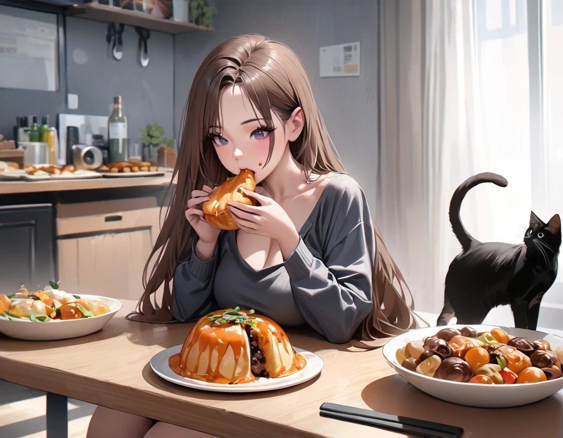 the best,On the table,Ultra-high quality,Realist,girl and cat,(beautiful face 1.4),(Lots of delicious food on the table),(( Beautiful woman eating food)),Solitary,breast,Realist,Silky long hair,(brown hair),