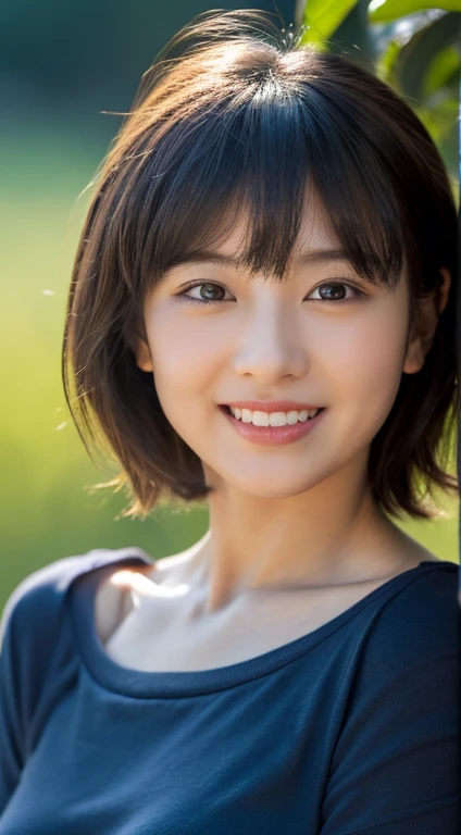highest quality,8K quality,masterpiece:1.3),(Ultra-high resolution,realism:1.4,Original photo),(Super detailed,Caustic wire,Detailed Background),(Ultra-Realistic Capture,Beautiful and detailed skin,Perfect Anatomy),At sunset,Sunset sky,machine,28 years old,mature,single eyelid,Black short bob,Dark blue shirt,Looking into the camera,Laughter,Natural soft lighting、Japanese
