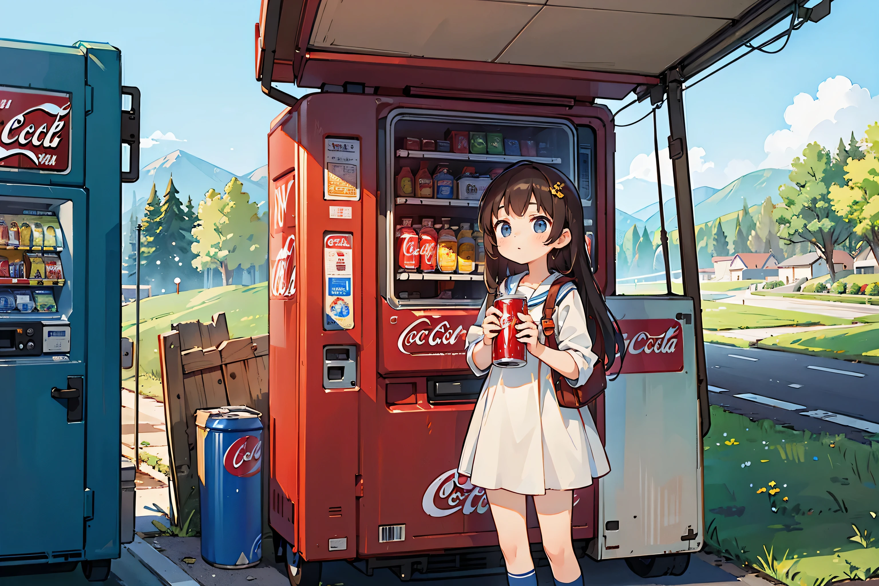 (masterpiece:1.2) (highest quality) (detailed),One , girl, alone, On the way home from club activities, Rural landscape, secretly drinking a can of Coca-Cola in front of a vending machine