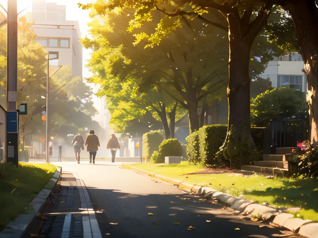 Morning light on campus,The sun shines through the leaves onto the ground。