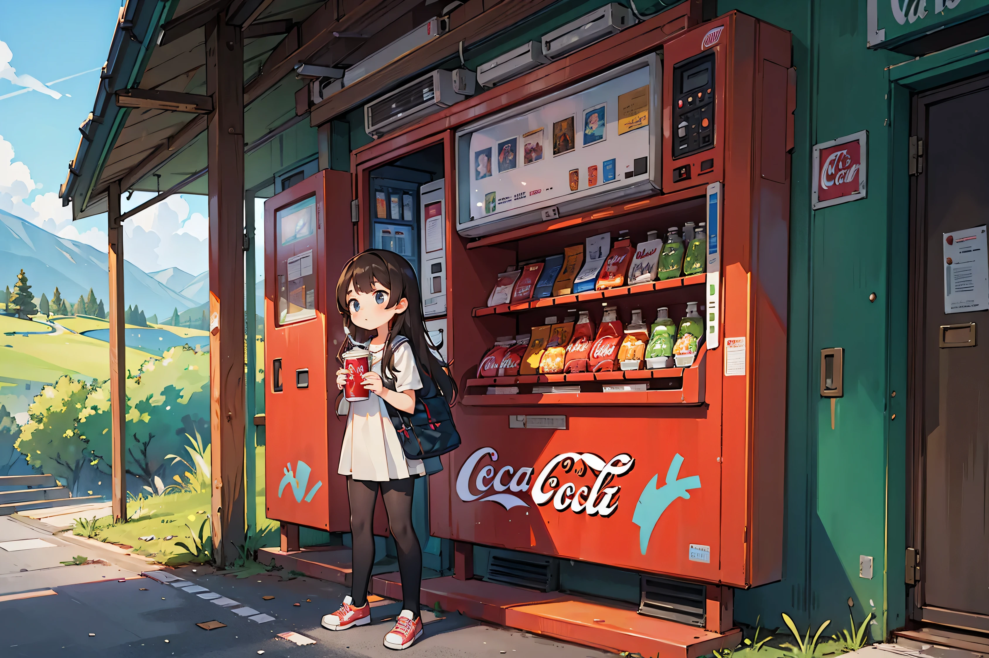 (masterpiece:1.2) (highest quality) (detailed),One , girl, alone, On the way home from club activities, Rural landscape, secretly drinking a can of Coca-Cola in front of a vending machine