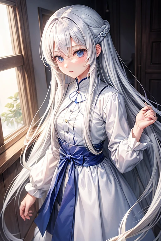 A woman with long white hair and blue eyes stands in a room with an all-white background.,Anime image of a cute girl, girl with white hair, The perfect gray-haired girl., พระเจ้าwhite hair, white hair, Plow collection style, Cloud Anime, anime girl, anime art style moe, anime girl girlที่ดีที่สุด, (anime girl girl), anime girl, สาวwhite hair,white hairสลวย,หน้าอกsmallลง,long-sleeved shirt、Women's bras,small , (8ก, raw photography, Highest quality, Masterpiece:1.2), (realistically, Virtual image:1.37), Very detailed, 1 woman, single, cute little, There are beautiful details.,Elementary school students,(((Anime doesn't use real people.)))