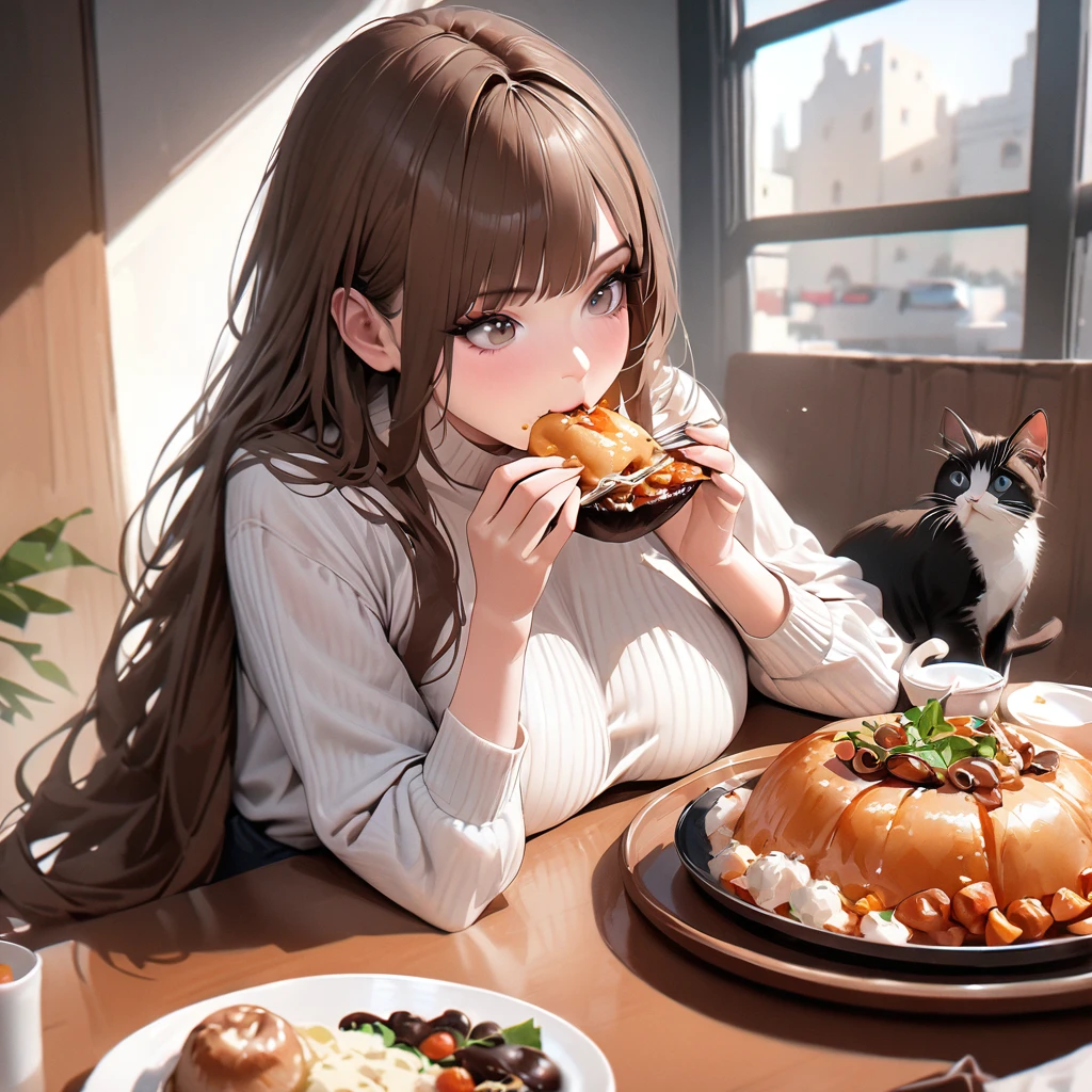 the best，On the table，Ultra-high quality，Realist，girl and cat，(beautiful face 1.4)，(Lots of delicious food on the table)，(( Beautiful woman eating food))，Solitary，breast，Realist，Silky long hair，(brown hair)，