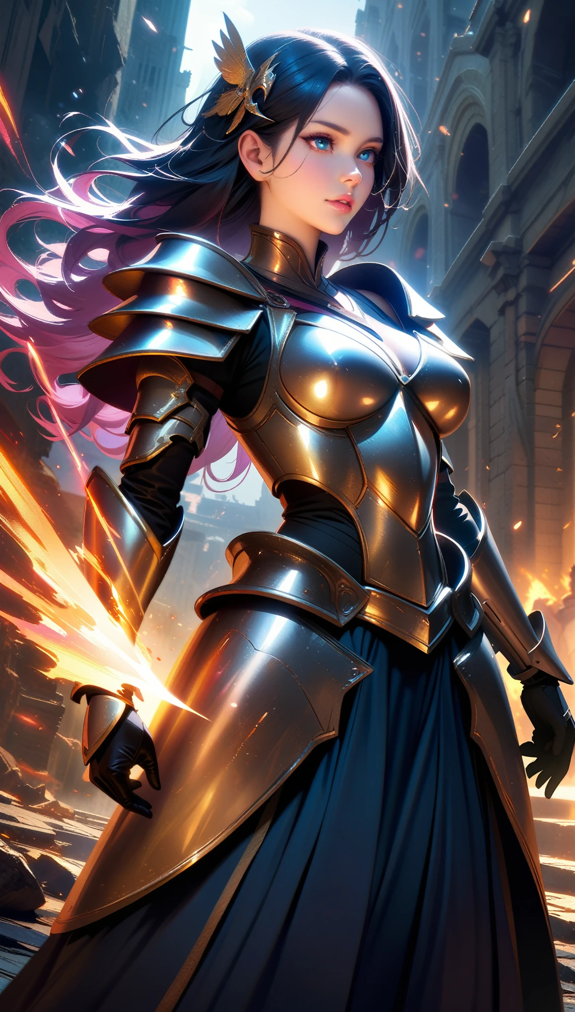 Masterpiece, Best Quality, Super Detailed, High Definition, Expensive Resolution, HDR, Masterpiece, Realistic, Depth, Fine Texture, Super Fine, Complete concentration, (very pretty anime princess ), (a female knight Standing), Fighter female, Warrior female, Mecha, full auras, silver aura, cover with aura, (arrogant), (random hair colored, shiny hair, gradient hair), armor hair ornament, beautiful details eyes, (aquamarine eyes, glowing eyes), long eyelashes, mascara, eyeliner, (full details dress armor, elegant, long skirt), crystals armor, cape, glowing and shining armor, Edge lights, hourglass body, beautiful detailed realistic definition, expressive eyes, perfect detailed beautiful determinate face, professional, Extremely aesthetic, Extremely detailed realistic clothing, blue lights that shimmer, (glowing and shining armor), floating particles, white and silver color schemes, Knight war as background, Enemies knight surround her, Knight War, calm atmosphere, ground covered in slabs, royal black metal armor, dark souls style, dark fantasy, dark age atmosphere, cloudy day, art station contest winner, perfect reflection