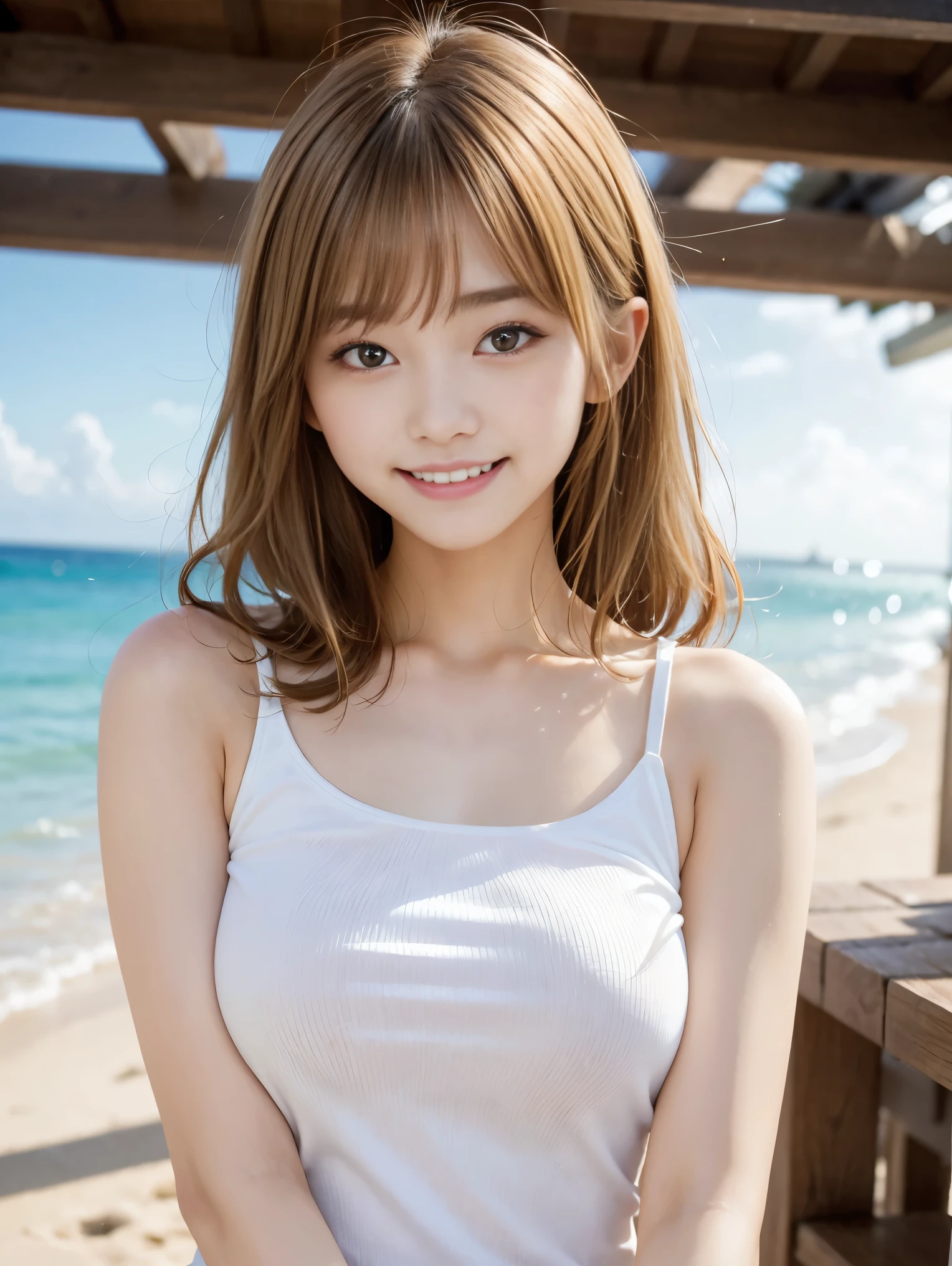 Tabletop, highest quality, shape, Very detailed, finely, High resolution, 8k wallpaper, perfect dynamic composition shape, Beautiful and exquisite,Studio Light, Written boundary depth, Upper Body, thin, cute顔, smile, Beautiful details in the eyes, 19 year old Japanese, cute, Voluminous curls and warm blonde color, Plaza, casual,Being on the beach、Wearing a white tube top、Random cute poses、smile