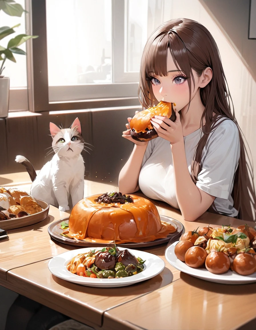 the best，On the table，Ultra-high quality，Realist，girl and cat，(beautiful face 1.4)，(Lots of delicious food on the table)，(( Beautiful woman eating food))，Solitary，breast，Realist，Silky long hair，(brown hair)，