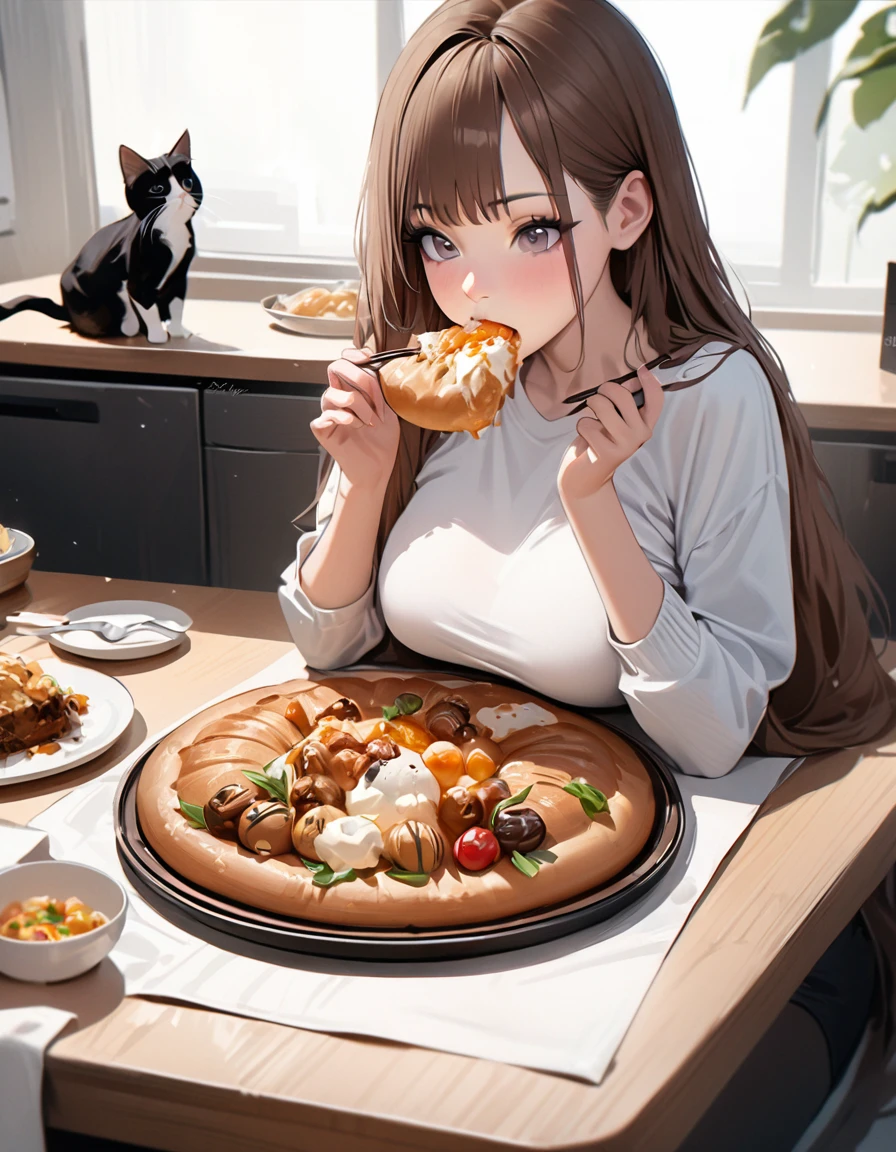 the best,On the table,Ultra-high quality,Realist,girl and cat,(beautiful face 1.4),(Lots of delicious food on the table),(( Beautiful woman eating food)),Solitary,breast,Realist,Silky long hair,(brown hair),