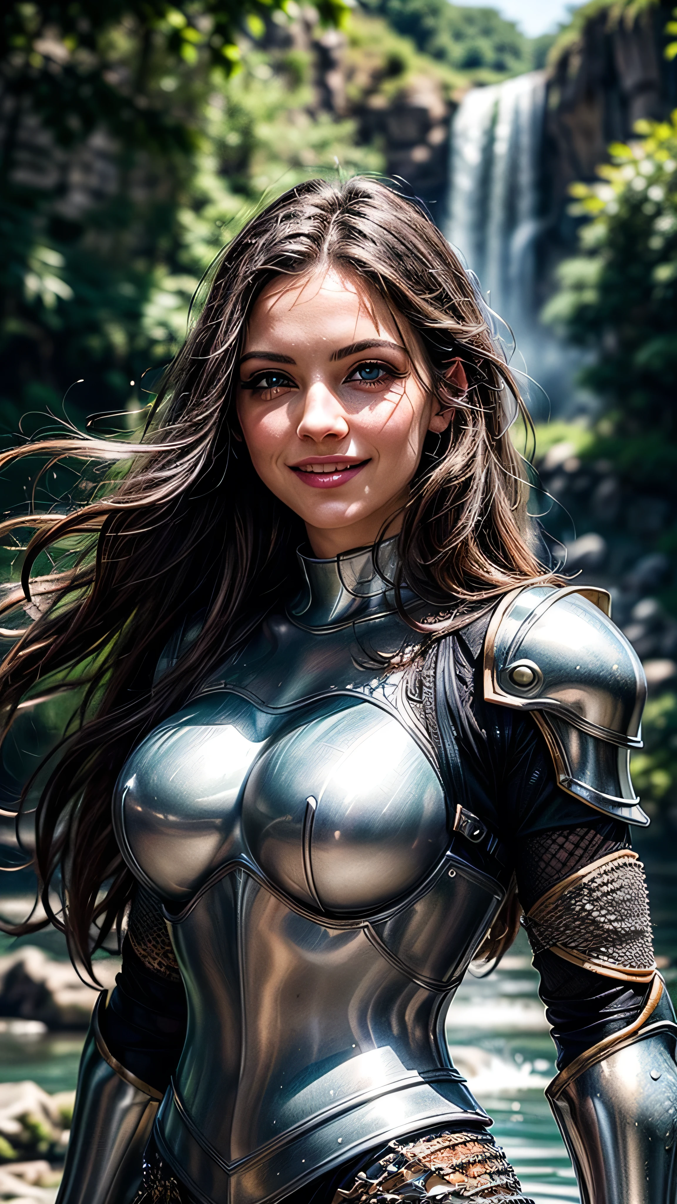 (masterpiece, photorealistic:1.4, extremely intricate:1.3), (photon mapping, radiosity, physically based rendering, ultra resolution, hyper-realistic, photorealistic:1.4, hyper-realistic, 8K), portrait of a muscular girl, ((Sumptuous armor from the late Renaissance, stainless steel perfectchainmail armor:0.8, (long eyelashes), clear green eyes, humid, humid, smiling)), metal reflections, upper body, portrait, outdoors, intense sunlight, far away waterfall, tropical river, professional photograph of a stunning woman, (long straight black hair, blowing, dynamic pose), sharp focus, dramatic, award winning, cinematic lighting, (film grain, bokeh, interaction)