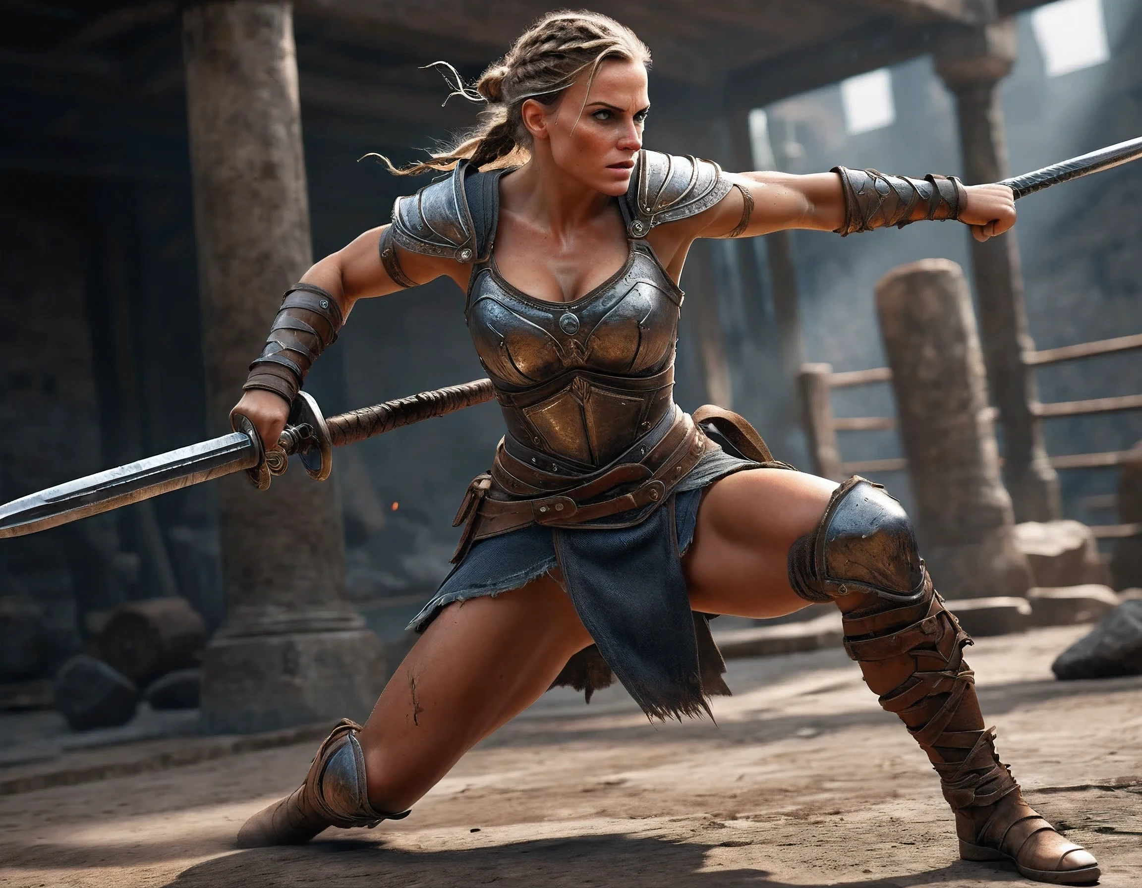 masterpiece, best quality, ultra-detailed, highres, detailed, Female Warrior, a fighting style that twists and turns with force, well-developed muscles, quick movements, smashing everything,