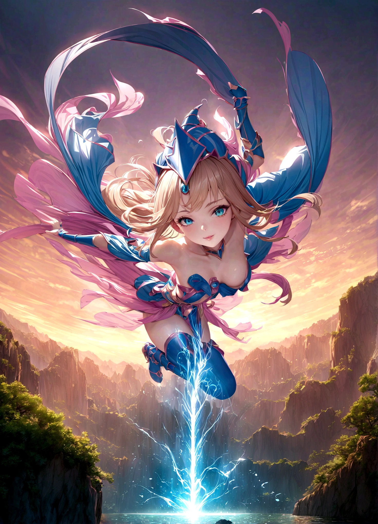 dark magician girl, anatomically correct, beautiful detailed eyes, beautiful detailed lips, extremely detailed face, long eyelashes, dynamic pose, smiling, elegant, xianxia fantasy style, intricate details, masterpiece, 8k, photorealistic, vibrant colors, dramatic lighting, cinematic composition,solo