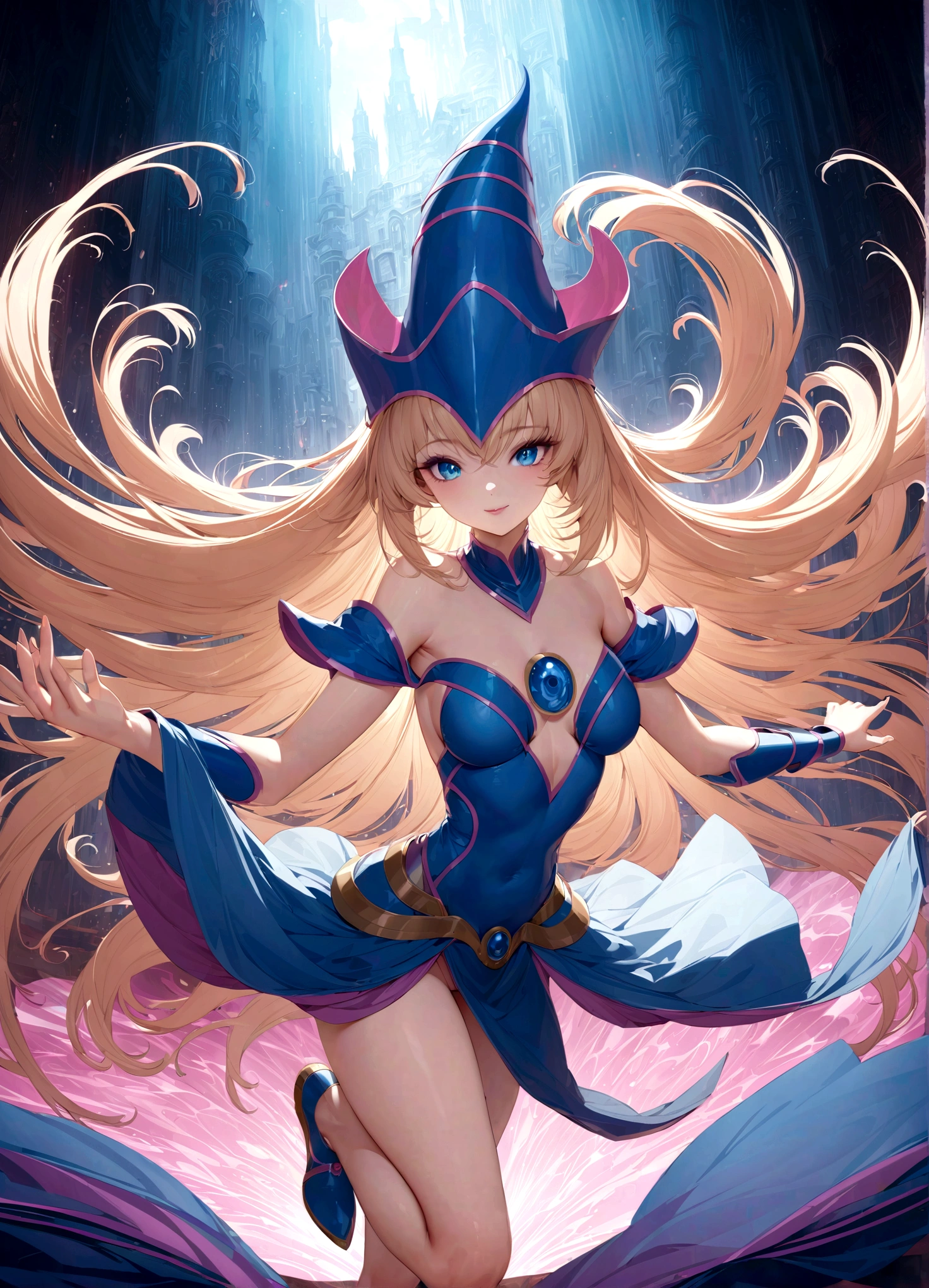 dark magician girl, anatomically correct, beautiful detailed eyes, beautiful detailed lips, extremely detailed face, long eyelashes, dynamic pose, smiling, elegant, xianxia fantasy style, intricate details, masterpiece, 8k, photorealistic, vibrant colors, dramatic lighting, cinematic composition,solo