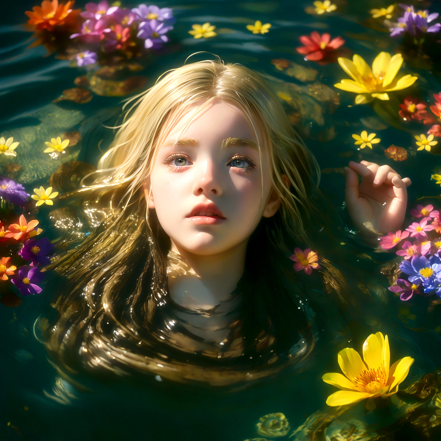 masterpiece of photograph, top view angle, closeup face of a Ireland teen girl20yrs, long blonde hair, lay and floating on water surface, water swayed, soaking wet body, Dynamic pose, natural light, colorful flowers on water, water clearly, high detail, kodak film, photorealism