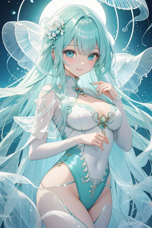 １woman、Reincarnation of Jellyfish、Soft and sexy、 the best allure, HDTV, 　Light mint green hair、Straight Hair、Long Hair、Thin eyebrows、Sparkling eyes、Moist lips、round face、A translucent costume inspired by jellyfish、sophisticated outfit、smiling full of compassion 