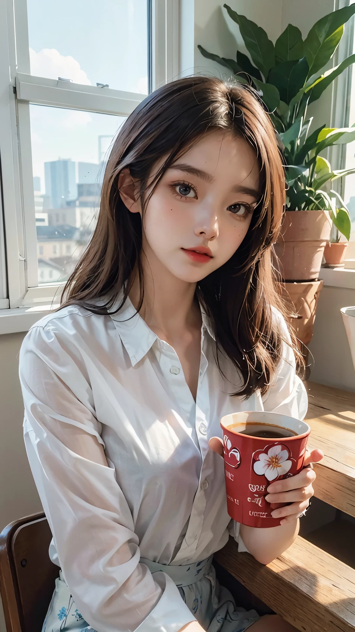 masterpiece,best quality,masterpiece,best quality,official art,extremely detailed CG unity 8k wallpaper,Slight retro color,riso print style,illustration,cute,1girl,Flowers,Windowsill,flowerpot,Drink coffee,.