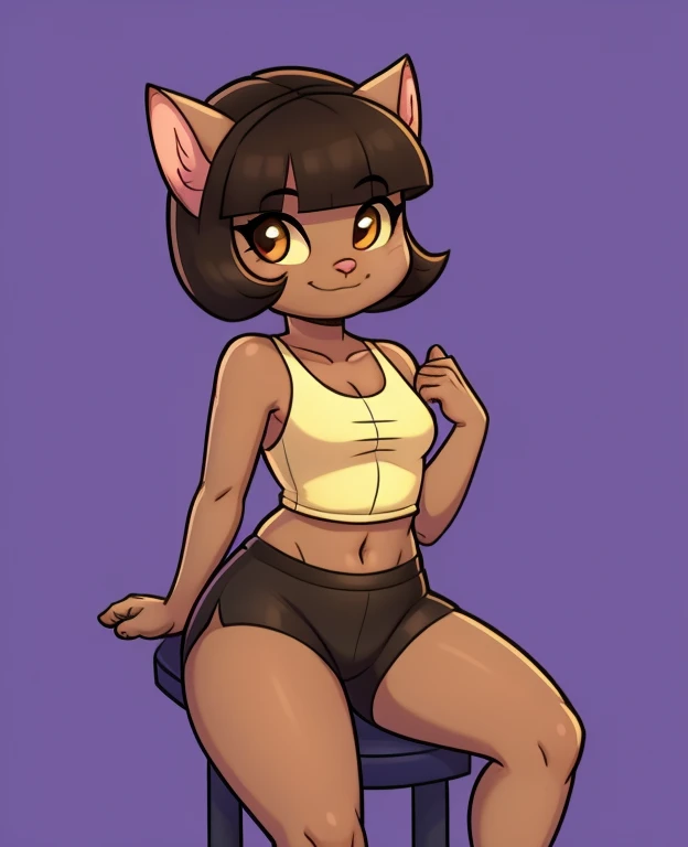 Ivy pepper, wearing black swimming shorts, doing a sitting pin up pose, has thick thighs, high quality, crisp,