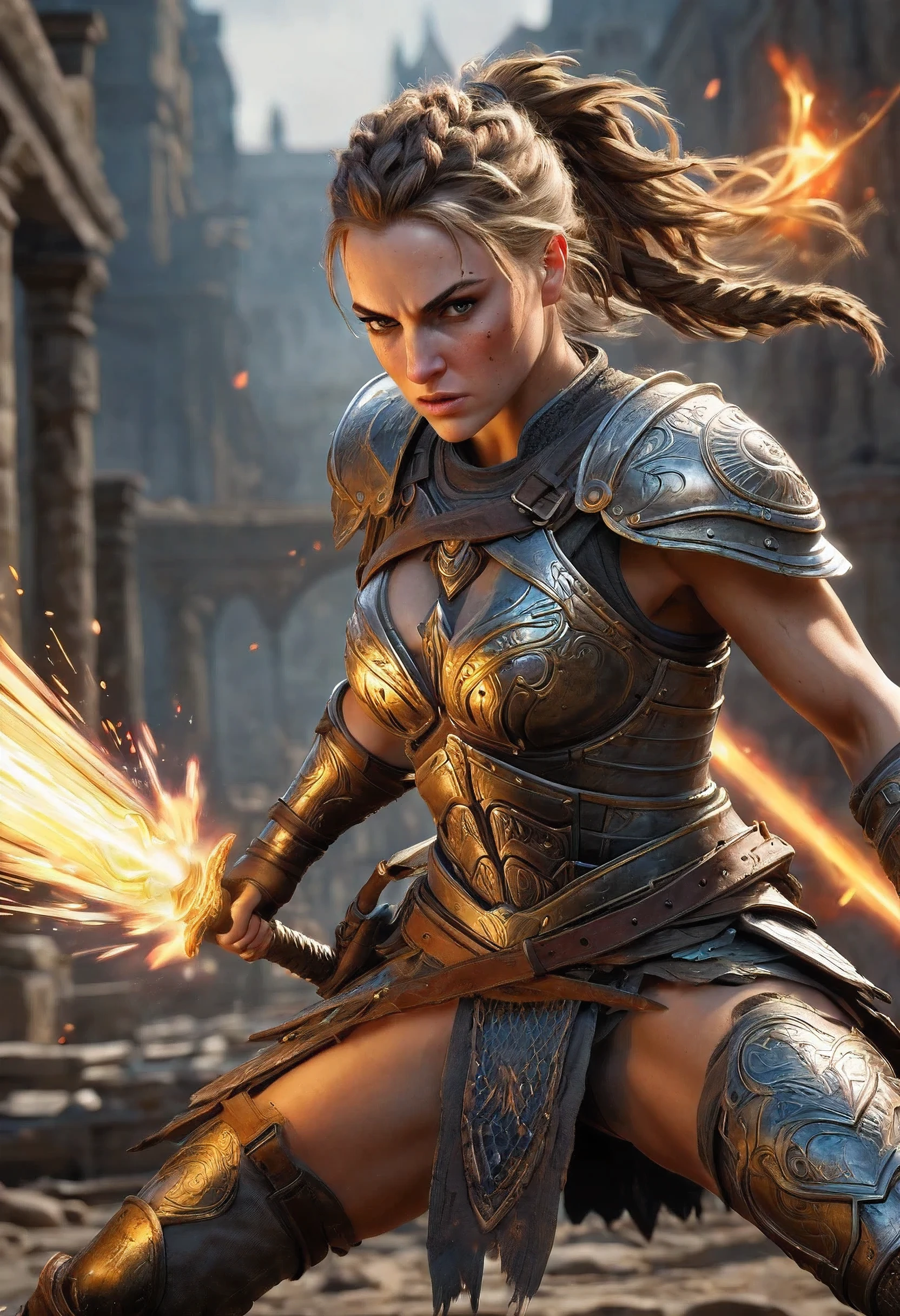 masterpiece, best quality, ultra-detailed, highres, detailed, Female Warrior, a fighting style that twists and turns with force, well-developed muscles, quick movements, smashing everything,