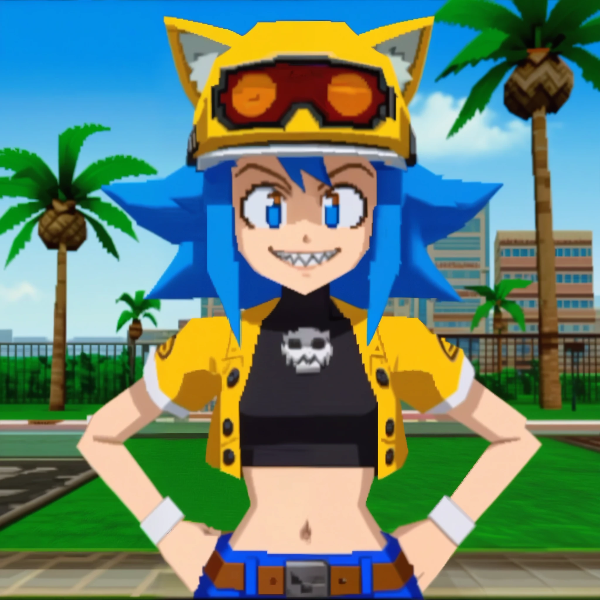 rcklgnd, zPDXL, score_9, score_8_up, score_7_up, source_anime, blocky, low poly, 3d graphics,dithering, grainy,1997 3D graphics,grainy,bloom,crt,scanlines,cel-shaded, crt scanlines,, arched back, blue eyes, orange eye visor,peach skinned teen female, short messy hair, light blue hair, evil smile, grin,sharp teeth,short dark blue zipper fur jacket, pink suspenders, black sports bra, white cat pilot helmet, midriff, hands on hips, city background, smoke, fire, palm tree, blue sky,