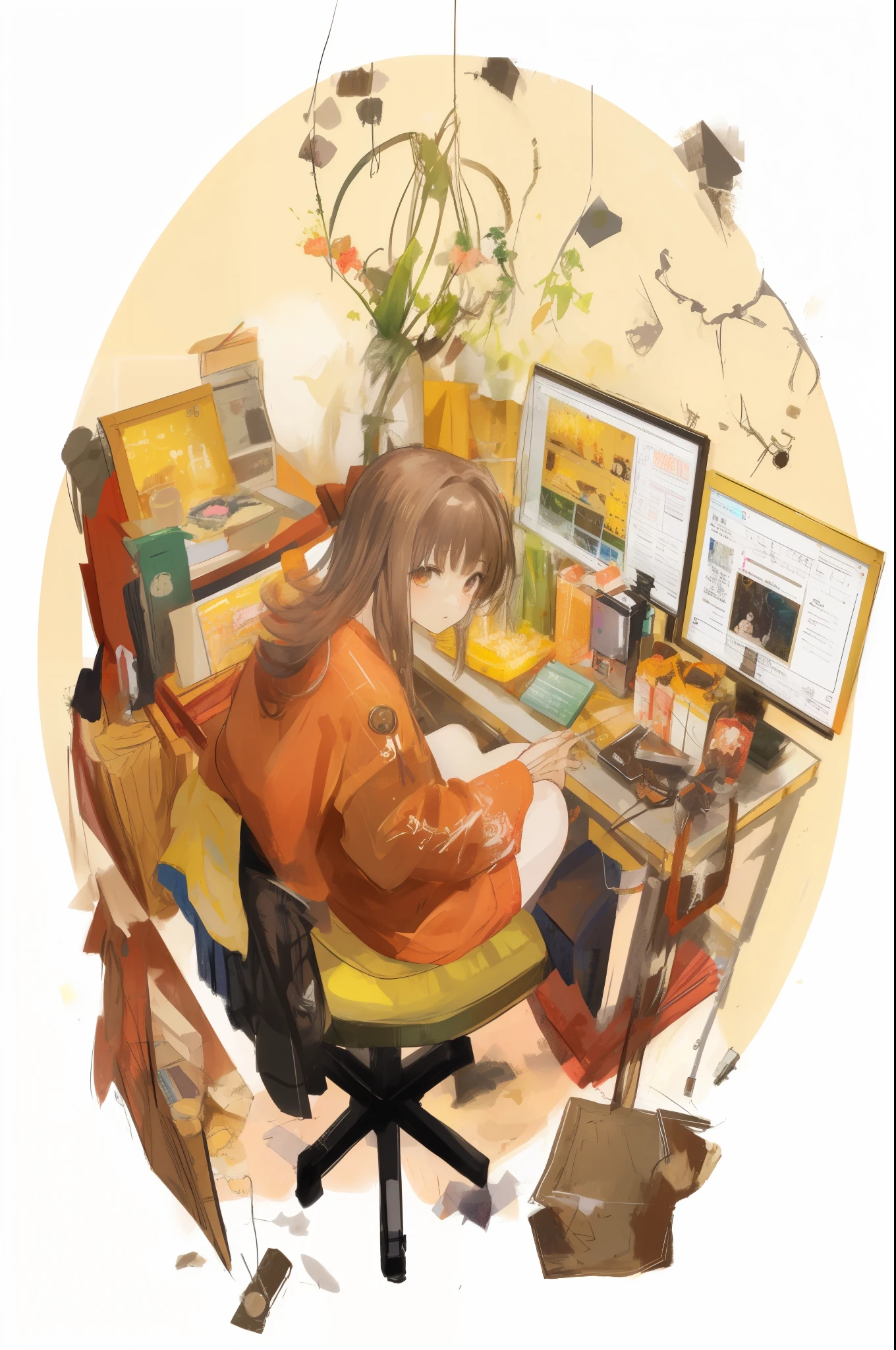 (hair swept bangs:1.3) (brown hair:1.3), anime girl sitting in a chair with a computer and a dog, pixiv, pixiv contest winner, trending on pixiv, digital art on pixiv, at pixiv, pixiv trending, pixiv style, top rated on pixiv, popular on pixiv, kawacy, featured on pixiv, pixiv 3dcg, waifu