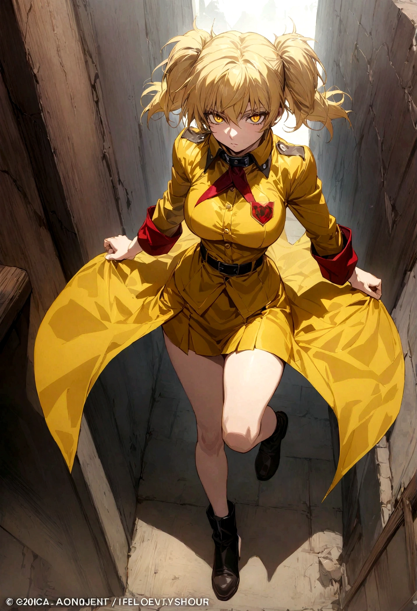 (masterpiece, top quality, best quality, official art, beautiful and aesthetic:1.2), (1girl), extreme detailed,(Victoria Seras, blond short hair, short back twintails, yellow eyes, Hellsing anime, Vampire, Hellsing uniform, yellow military uniform, jumpsuit, skirt, wide Rolled up sleeves, Chevron, black belt),colorful,highest detailed,((full body))