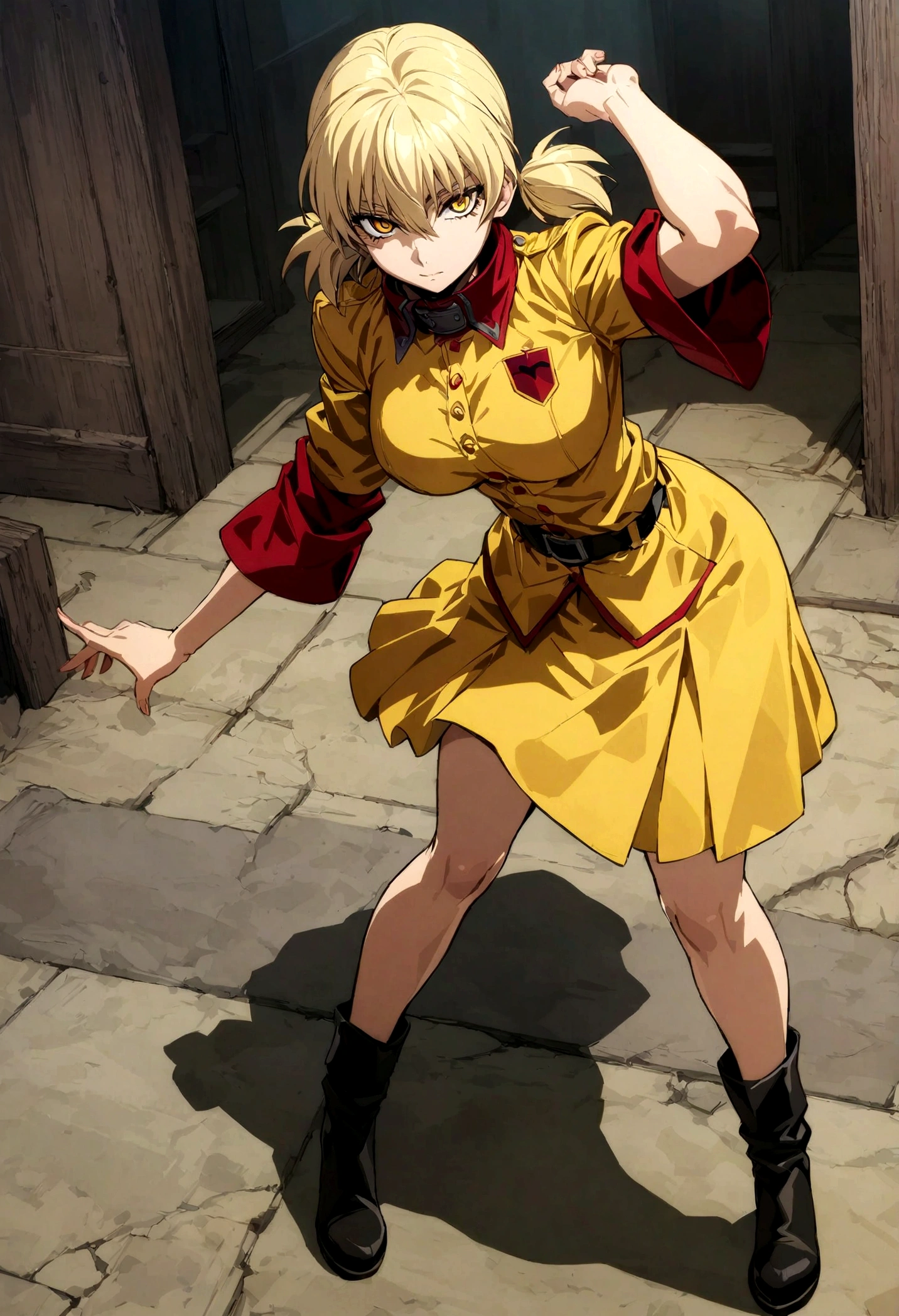 (masterpiece, top quality, best quality, official art, beautiful and aesthetic:1.2), (1girl), extreme detailed,(Victoria Seras, blond short hair, short back twintails, yellow eyes, Hellsing anime, Vampire, Hellsing uniform, yellow military uniform, jumpsuit, skirt, wide Rolled up sleeves, Chevron, black belt),colorful,highest detailed,((full body))