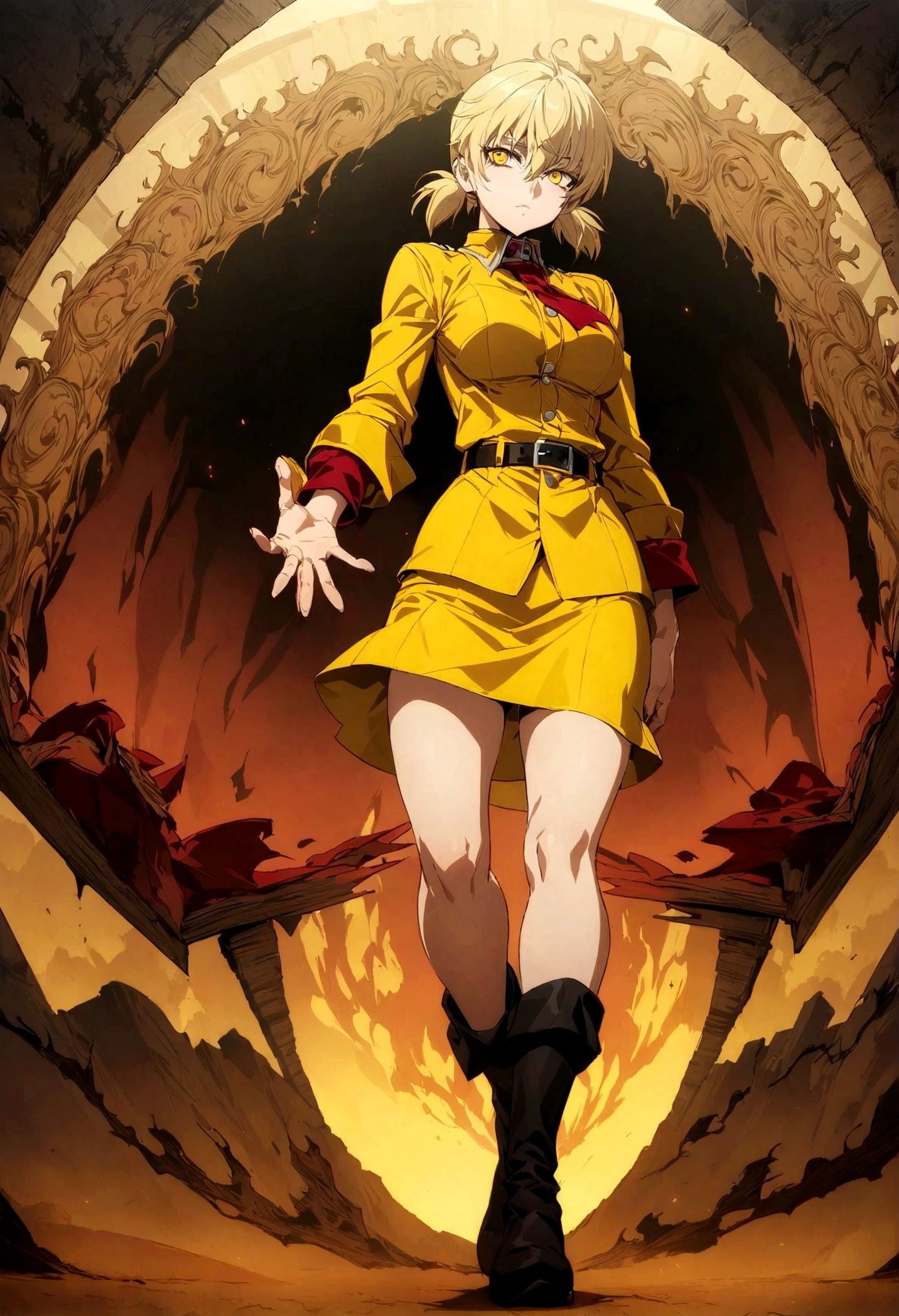 (masterpiece, top quality, best quality, official art, beautiful and aesthetic:1.2), (1girl), extreme detailed,(Victoria Seras, blond short hair, short back twintails, yellow eyes, Hellsing anime, Vampire, Hellsing uniform, yellow military uniform, jumpsuit, skirt, wide Rolled up sleeves, Chevron, black belt),colorful,highest detailed,((full body))