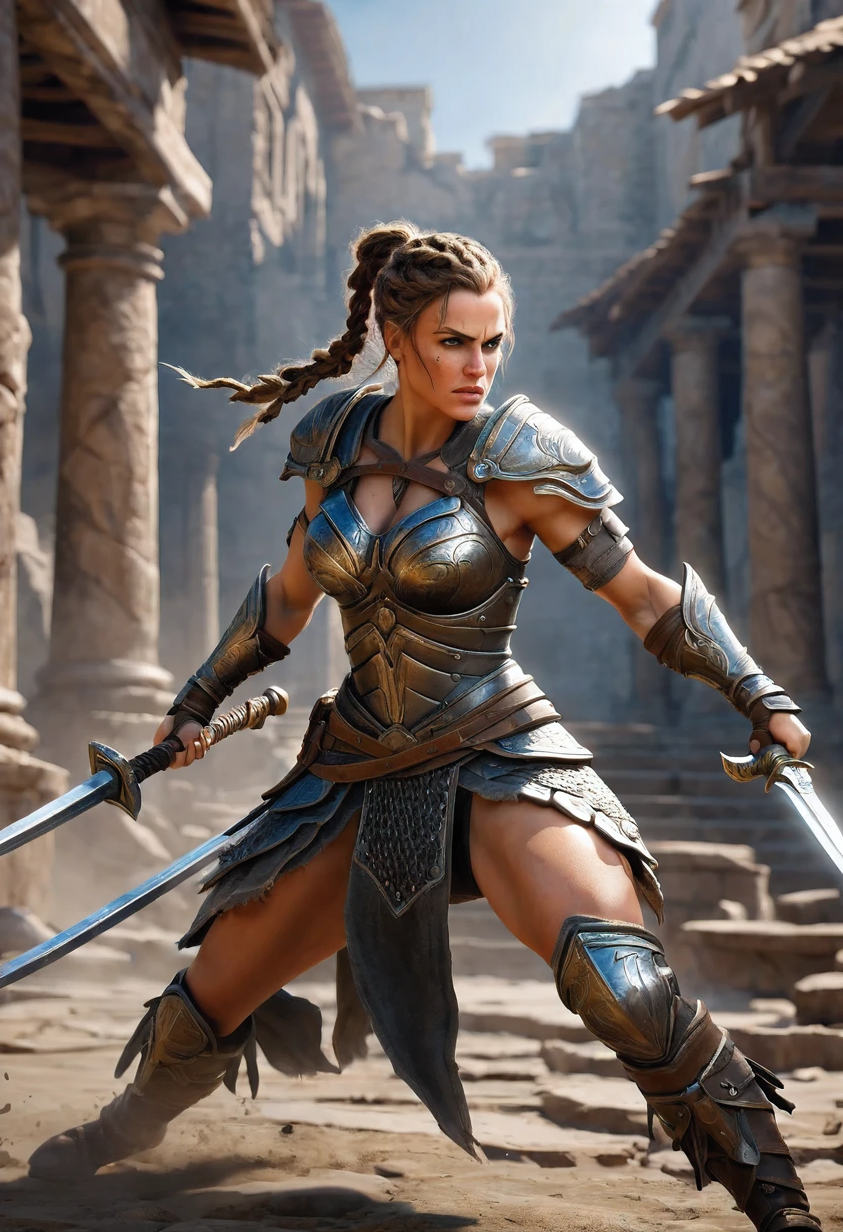masterpiece, best quality, ultra-detailed, highres, detailed, Female Warrior, a fighting style that twists and turns with force, well-developed muscles, quick movements, smashing everything,