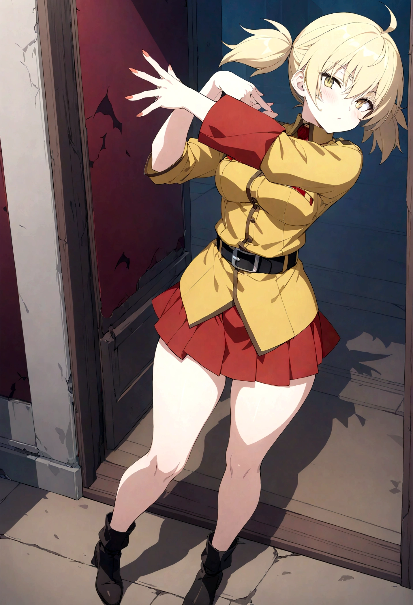 (masterpiece, top quality, best quality, official art, beautiful and aesthetic:1.2), (1girl), extreme detailed,(Victoria Seras, blond short hair, short back twintails, yellow eyes, Hellsing anime, Vampire, Hellsing uniform, yellow military uniform, jumpsuit, skirt, wide Rolled up sleeves, Chevron, black belt),colorful,highest detailed,((full body))