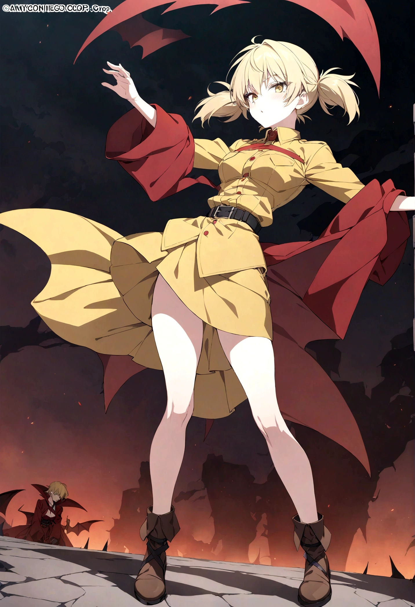 (masterpiece, top quality, best quality, official art, beautiful and aesthetic:1.2), (1girl), extreme detailed,(Victoria Seras, blond short hair, short back twintails, yellow eyes, Hellsing anime, Vampire, Hellsing uniform, yellow military uniform, jumpsuit, skirt, wide Rolled up sleeves, Chevron, black belt),colorful,highest detailed,((full body))