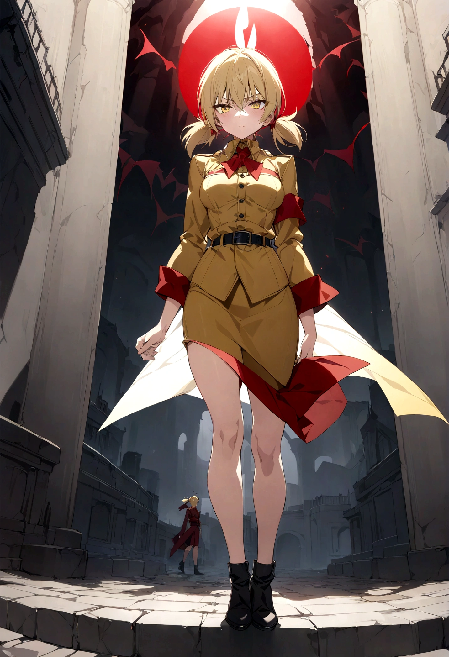 (masterpiece, top quality, best quality, official art, beautiful and aesthetic:1.2), (1girl), extreme detailed,(Victoria Seras, blond short hair, short back twintails, yellow eyes, Hellsing anime, Vampire, Hellsing uniform, yellow military uniform, jumpsuit, skirt, wide Rolled up sleeves, Chevron, black belt),colorful,highest detailed,((full body))