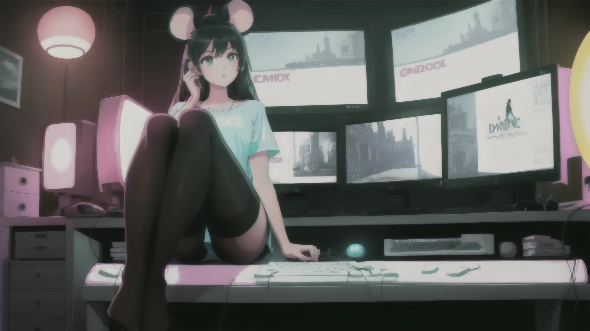 beautiful girl, beautiful girl sitting at the computer, large monitor with video game, the girl put her feet on the table, bare legs in stockings, The girl is wearing light clothes, there is a keyboard and mouse on the computer desk, the room is decorated with neon lamps
