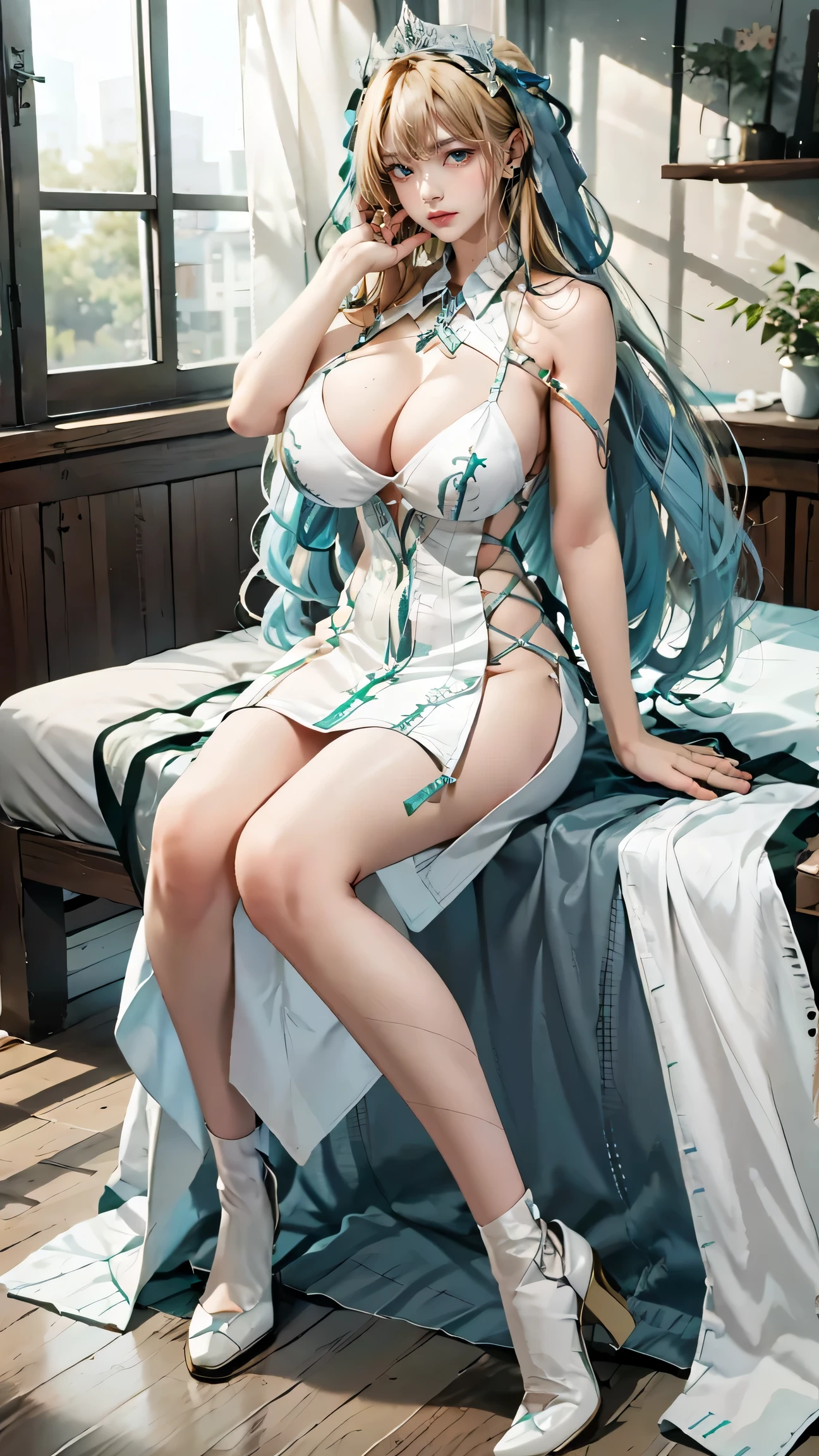 Best quality, masterpiece, ultra high res, raw photo, beautiful and aesthetic, deep shadow, fairy theme,(ultra detailed:1.3),
1girl, sitting pose, headdress, (beautiful face, detailed eye, embarrassed), drill hair, long hair, blonde hair, gradient hair, yellow eyes, solo, (busty breasts, gigantic breasts:1.1), big hair, blue hair, divine goddess, looking at viewer, indoors, modern bedroom, room full of curtain, astraea, full body, Special clothes58,white dress,pantyhose,green ribbon,striped,