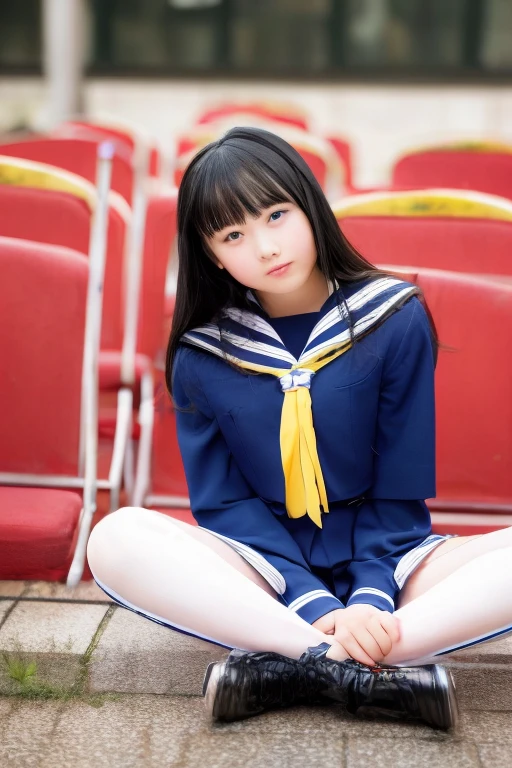 (highest quality, 8k, masterpiece ), An innocent 12-year-old junior high school girl
, Black Hair、bangs:0.6,Glamour thighs、Big Breasts、Highly detailed face, double eyelid, round face:1.3、whole body、
