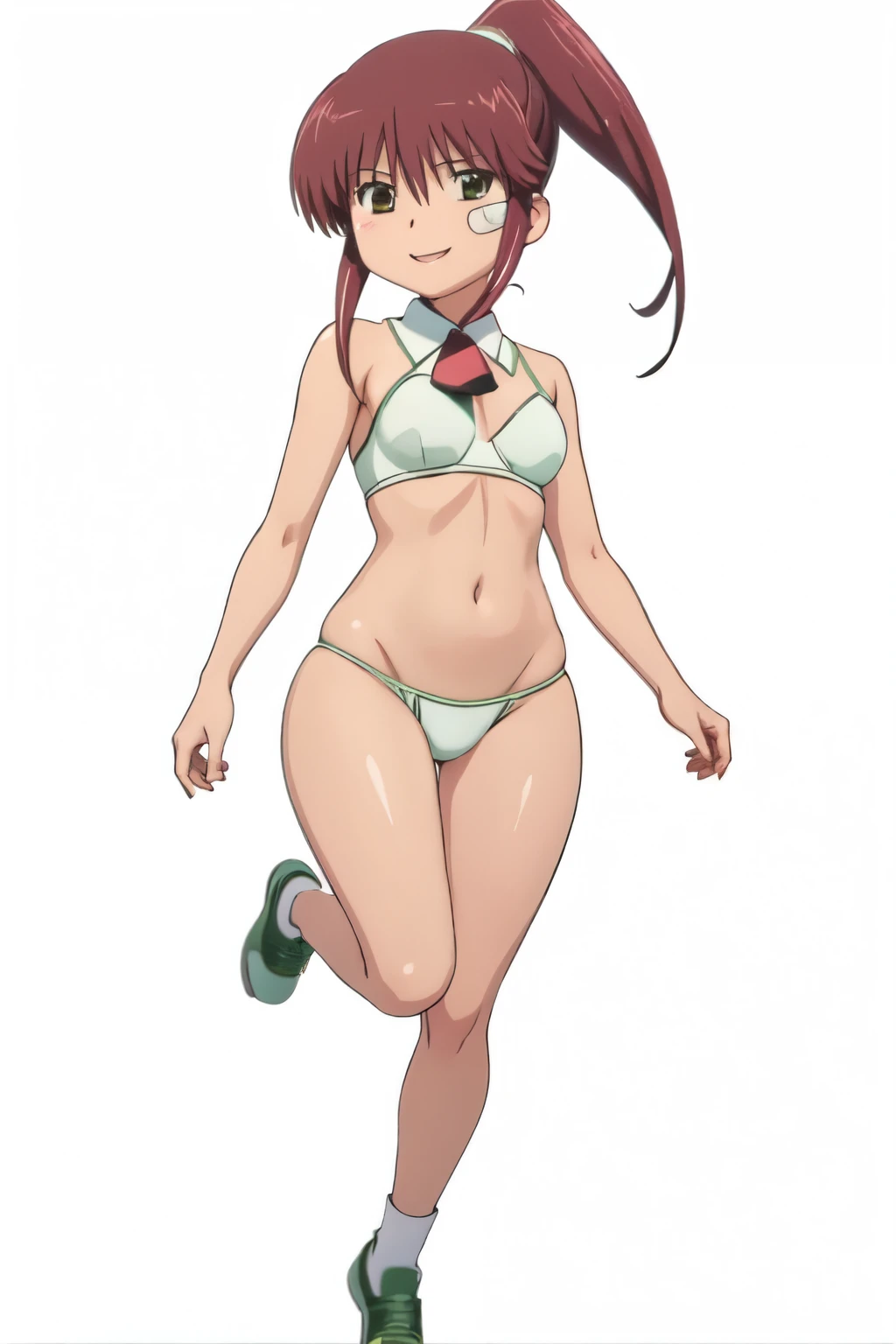 solo, 1girl, looking at viewer, rich colors, full body, (solid white background:1.3), riko suminoe, ponytail, nude, green underwear, ascot, smile, looking at viewer