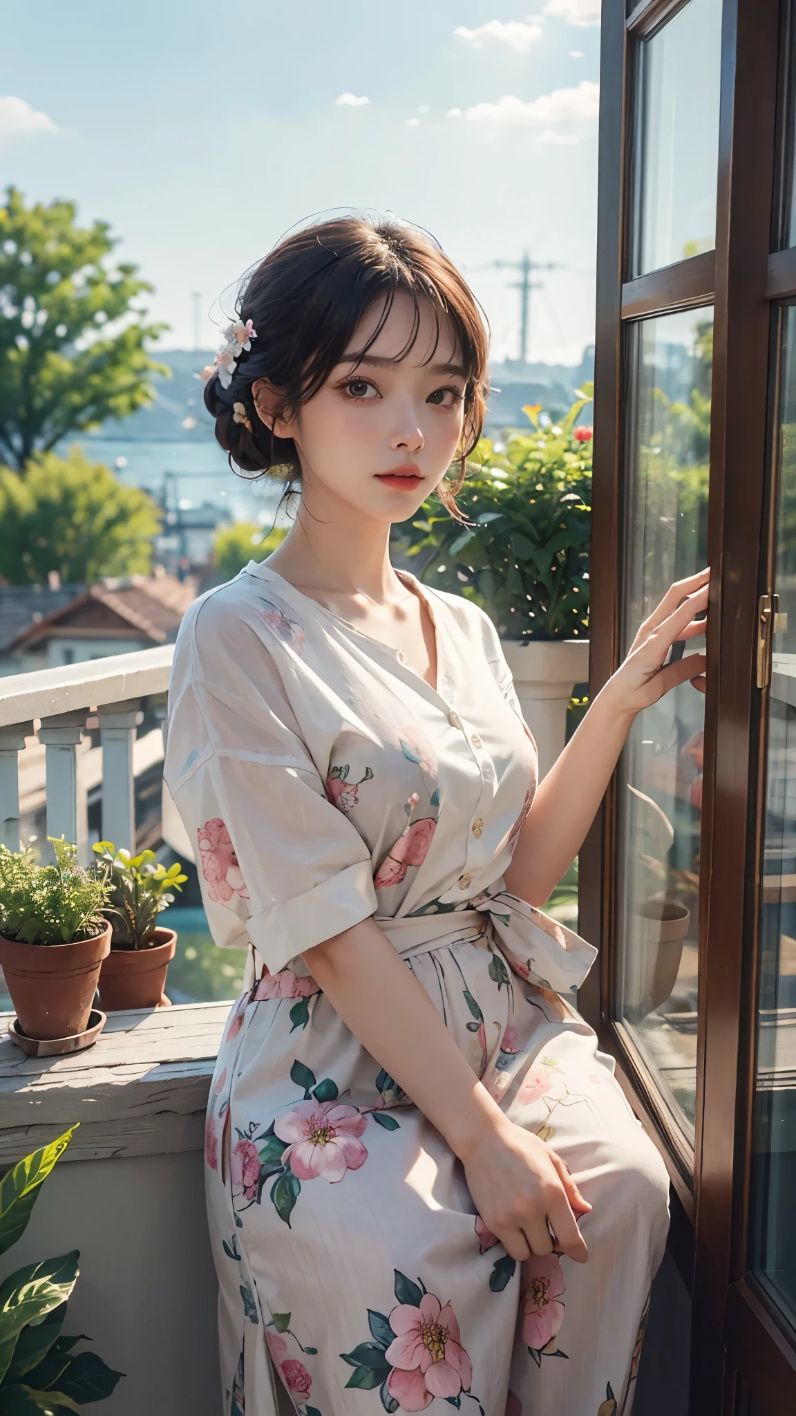 masterpiece,best quality,masterpiece,best quality,official art,extremely detailed CG unity 8k wallpaper,Slight retro color,riso print style,illustration,cute,1girl,Flowers,Windowsill,flowerpot,Drink coffee,.