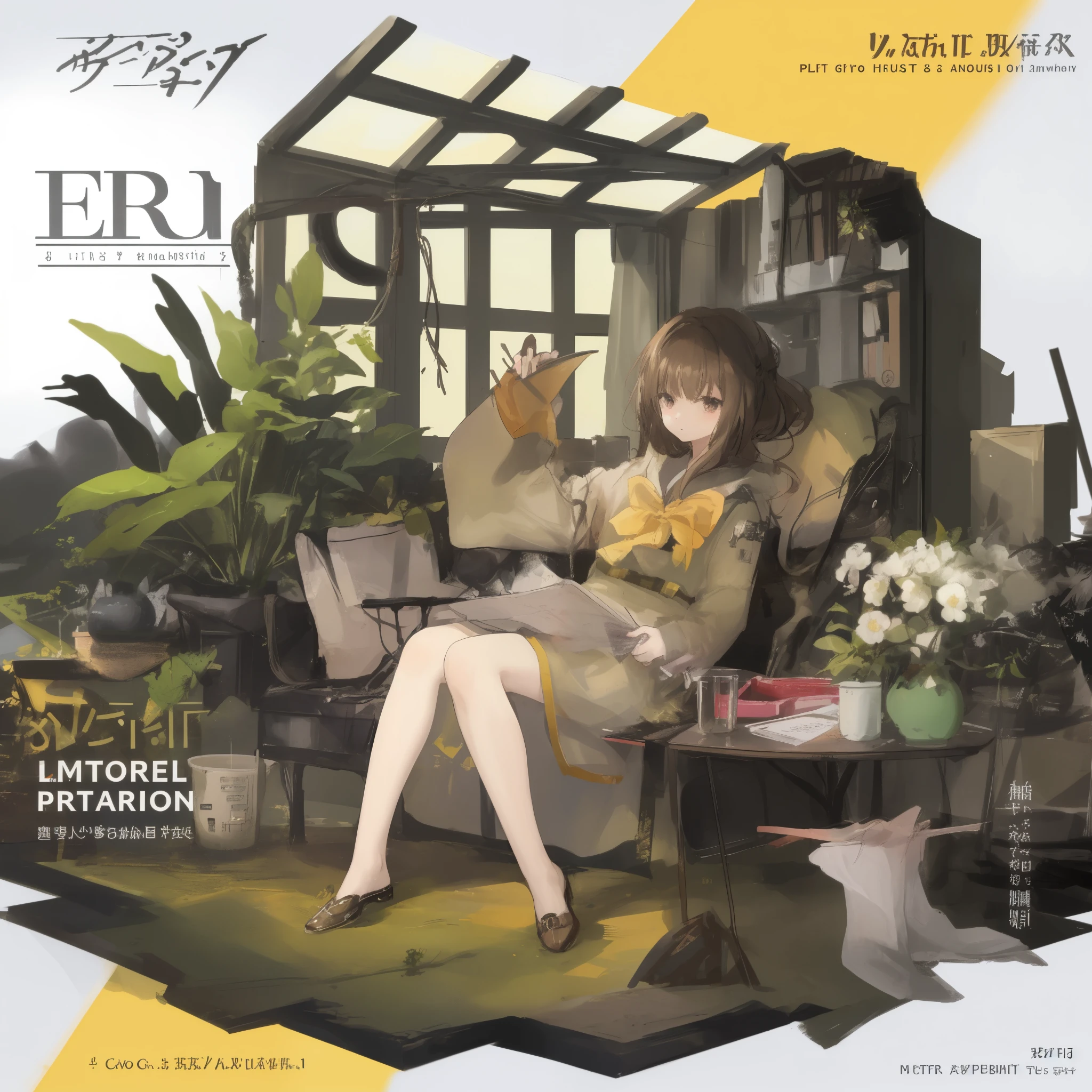 (hair swept bangs:1.3) (brown hair:1.3), a picture of a woman sitting on a couch in a garden, epic light novel art cover, ecchi, epic light novel cover art, from arknights, from girls frontline, art cover, anime cover, anime key visual of elegant, by Ei-Q, pixiv, , official artwork, official artbook, edo, light novel cover art, magazine