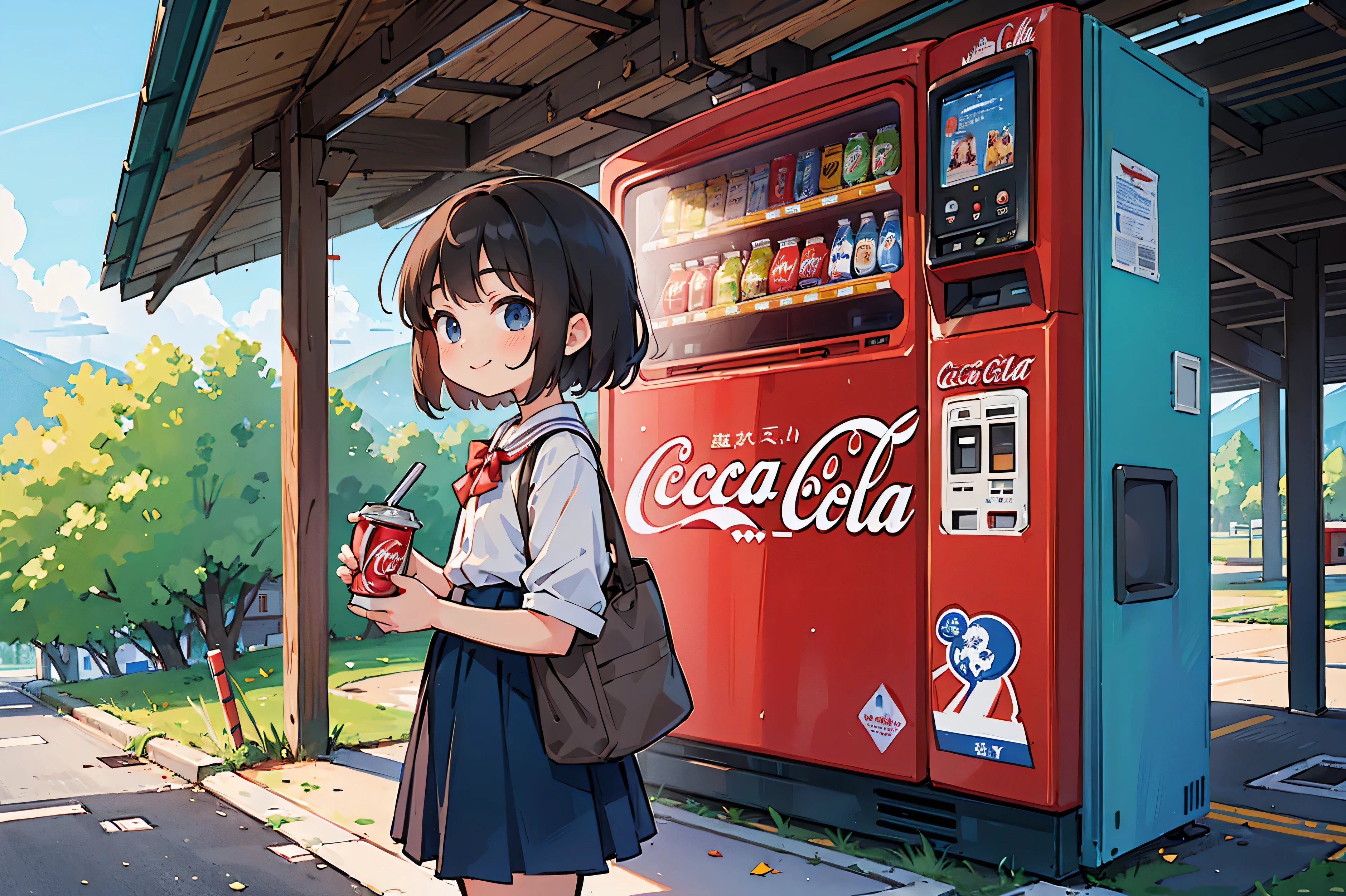 (masterpiece:1.2) (highest quality) (detailed),One junior high school student,  girl,  alone, On the way home from club activities, Rural landscape,  secretly drinking a can of Coca-Cola in front of a vending machine、Looks like a lot of fun、smile